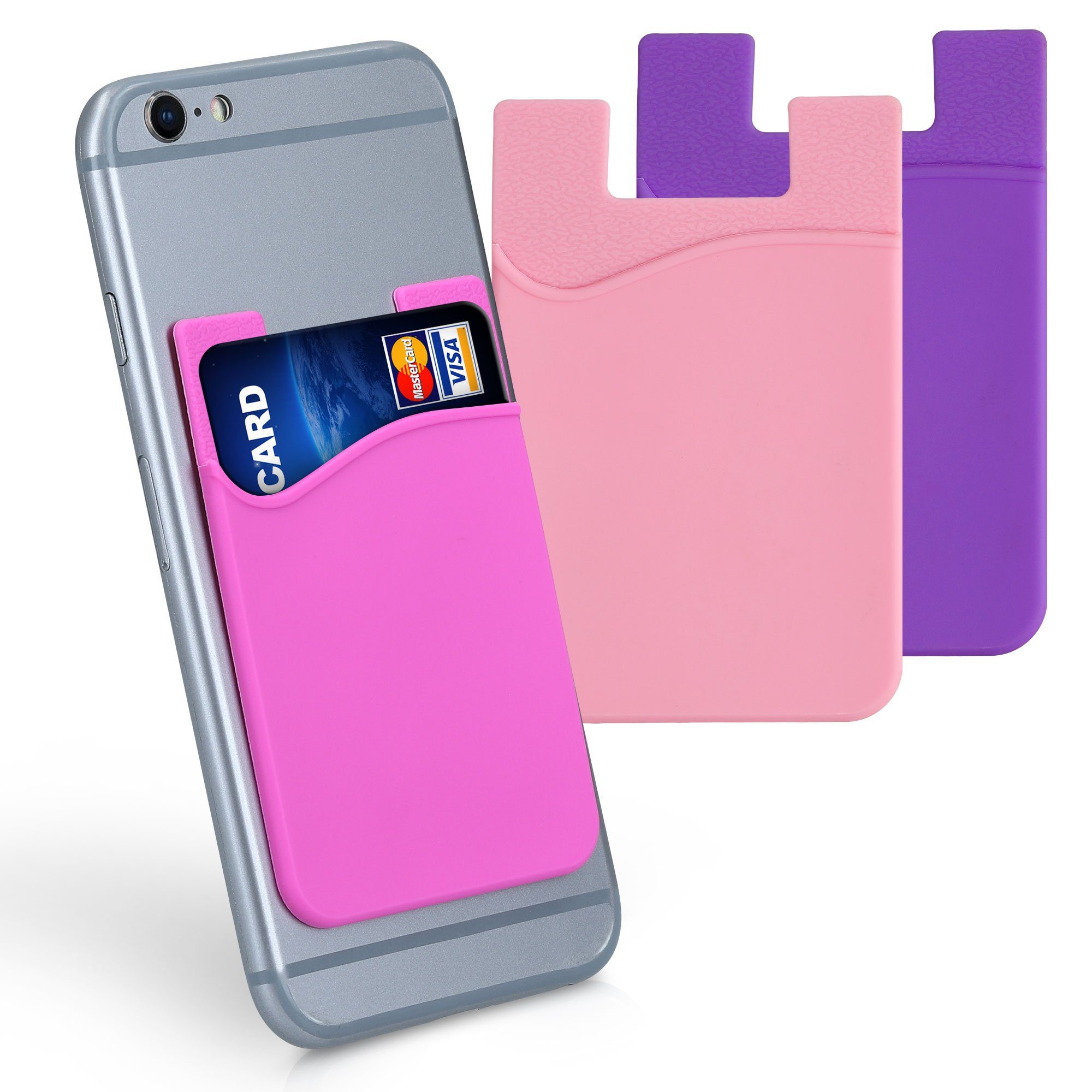 kwmobile Kartenetui 3x Kartenhalter Hülle für Smartphone, selbstklebend - Aufklebbare Silikon Kreditkarten Tasche - 8,5x5,5cm Rosa