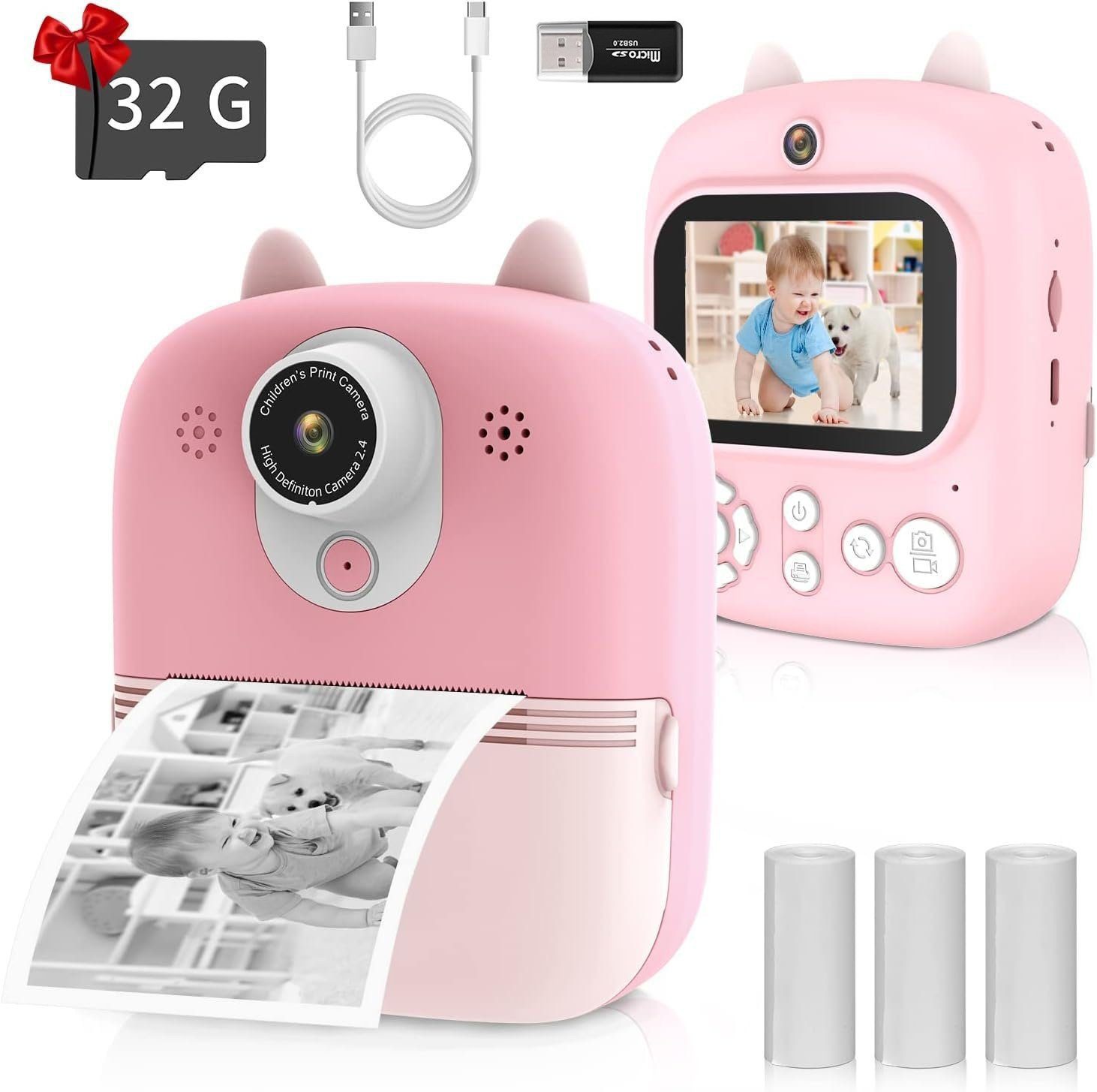 BlingBin 2,4 Zoll 1080P Kinder Kamera Sofortdruck Schwarzweiß Videokamera Sofortbildkamera (12 MP, 8x opt. Zoom, Live-Ansicht)