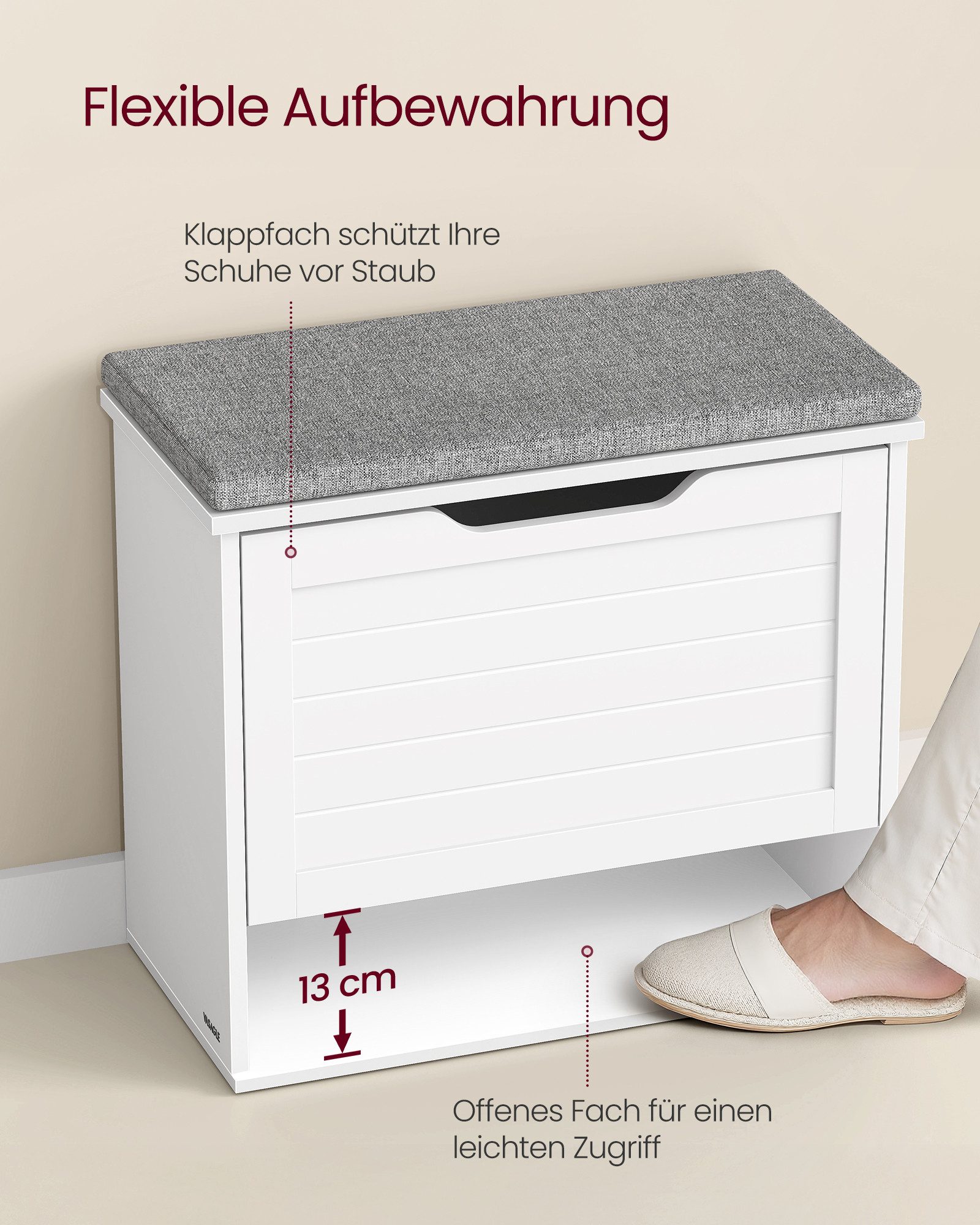 VASAGLE Schuhbank mit Sitzkissen, Sitzbank, 30 x 60 x 53,5 cm, Flur, Schlafzimmer, für 6 Paar Schuhe, Klappfach mit verstellbarer Trennwand, weiß-grau – Bild 3 von 5