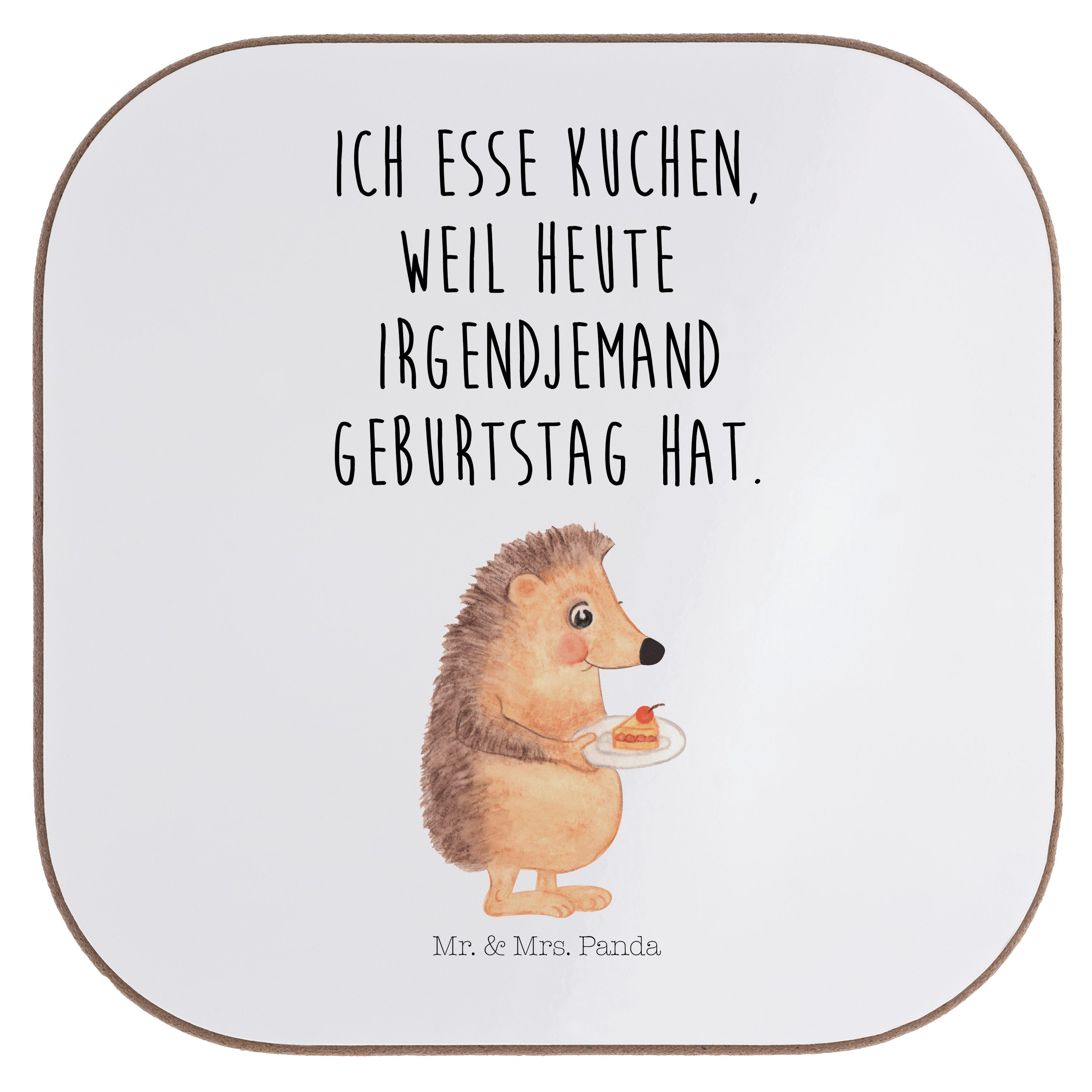 Mr. & Mrs. Panda Getränkeuntersetzer Igel mit Kuchenstück - Weiß - Geschenk, lustige Sprüche, Geburtstagsk, 1-tlg.