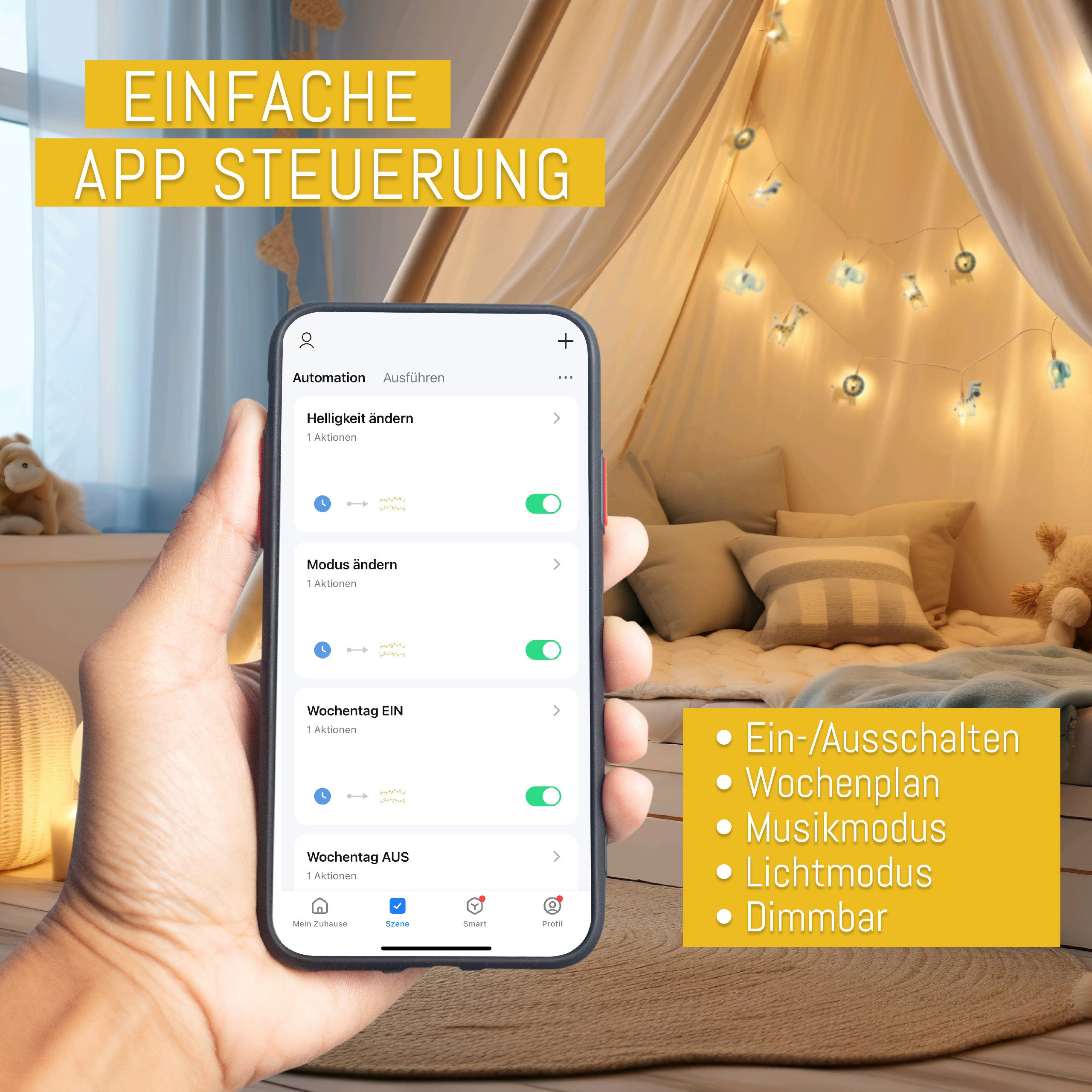 COZY HOME Lichterkette Safari für Kinder, mit APP steuerbar, Batterie & Stecker, 20 warmweiße Tiere, 8 Modi, Dimmbarkeit & Musikmodus