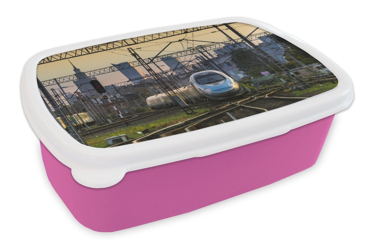 MuchoWow Lunchbox Ein Zug in Warschau, Kunststoff, (2-tlg), Brotbox für Erwachsene, Brotdose Kinder, Snackbox, Mädchen, Kunststoff rosa