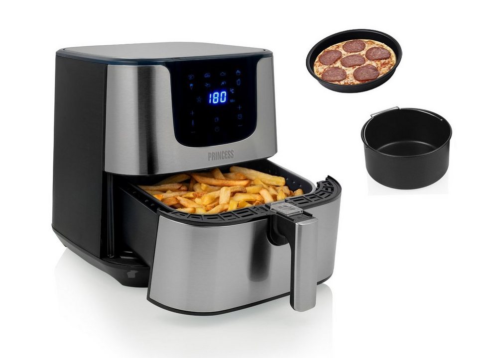 PRINCESS Heißluftfritteuse, 1700 W, Große XXL Heißluftfritteuse Umluft Frittöse & 2tlg. Zubehör Set Pommes fettarm frittieren ohne Öl, 5,5Ltr. 1700…