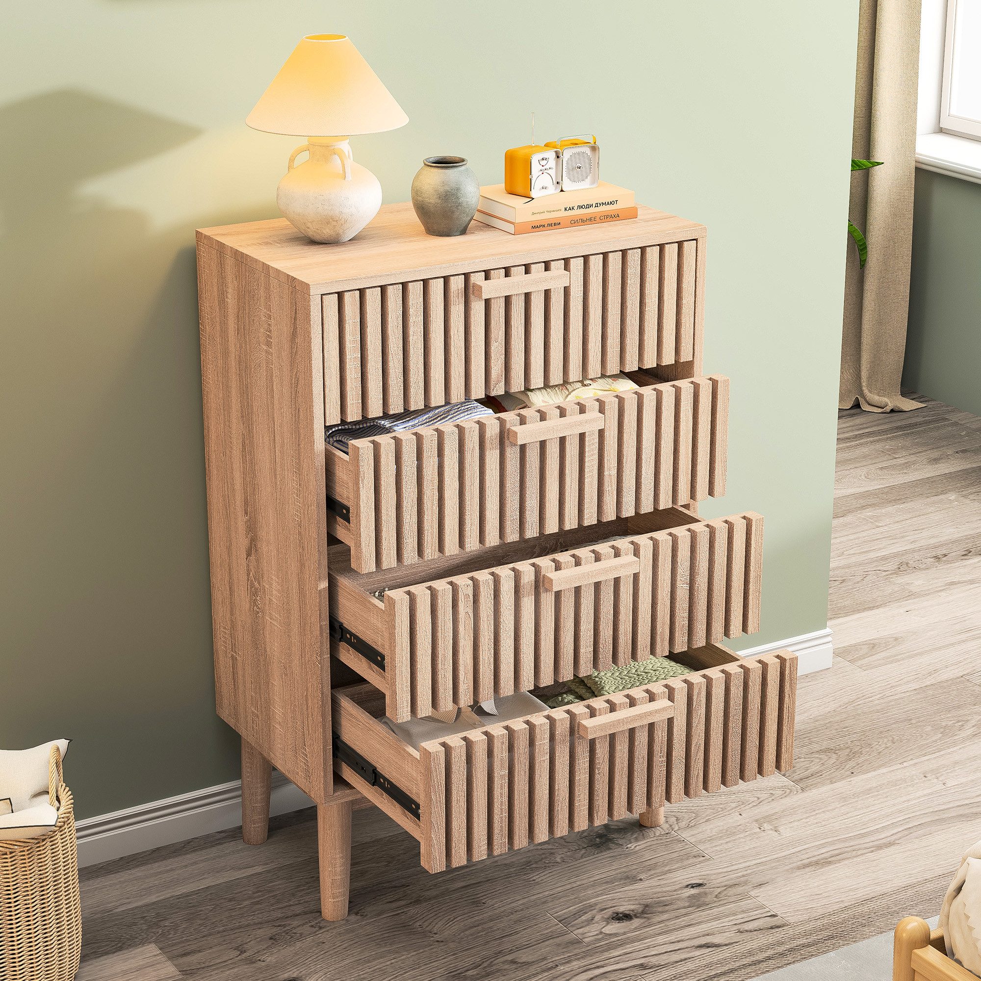 FUROKOY Sideboard Kommode Mit rutschfesten Tischbeinen und Kippschutzvorrichtung, 91x34x60 cm,Mit 4 Schubladen,Mit geräuscharmem Dämpfungsschlitten