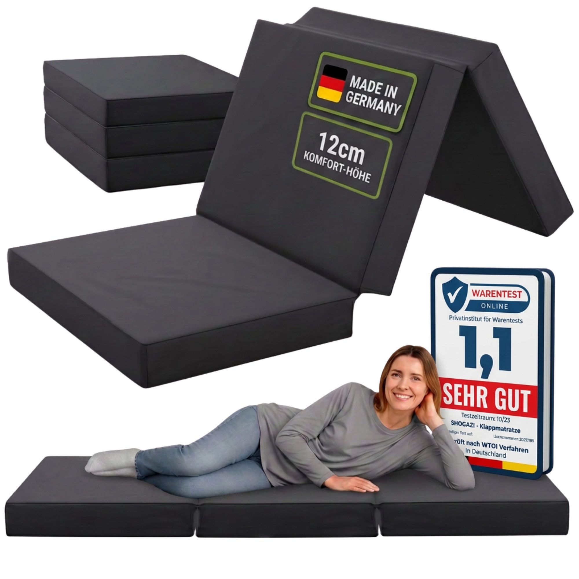 Klappmatratze Faltmatratze, Gästebett klappbar, Gästematratze, shogazi ®, 12 cm hoch, MADE IN GERMANY