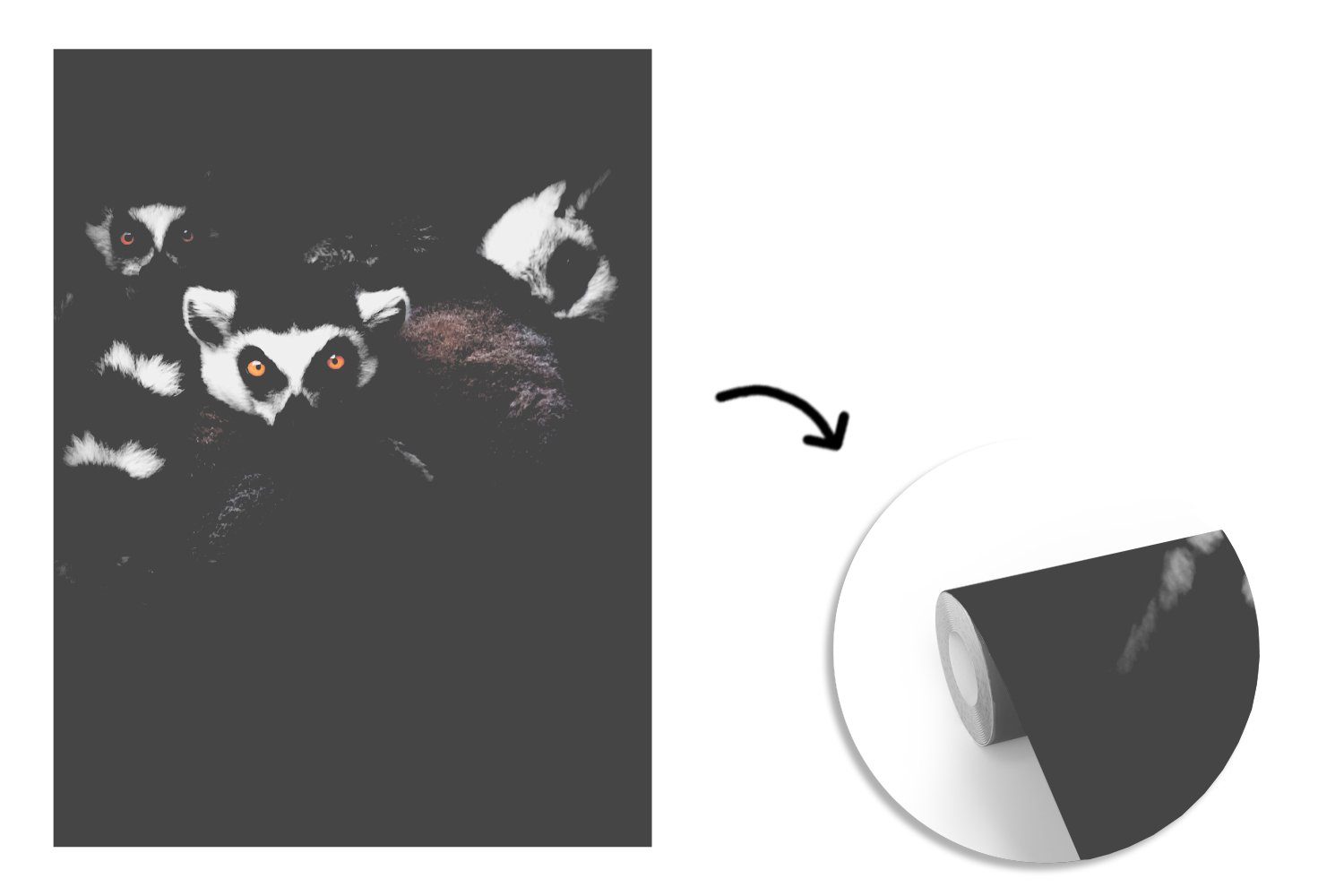 MuchoWow Fototapete Porträt, - Wandtapete bedruckt, Vinyl Schwarz (4 St), - Weiß Tapete - Wohnzimmer, für Matt, - Lemur Montagefertig Tiere