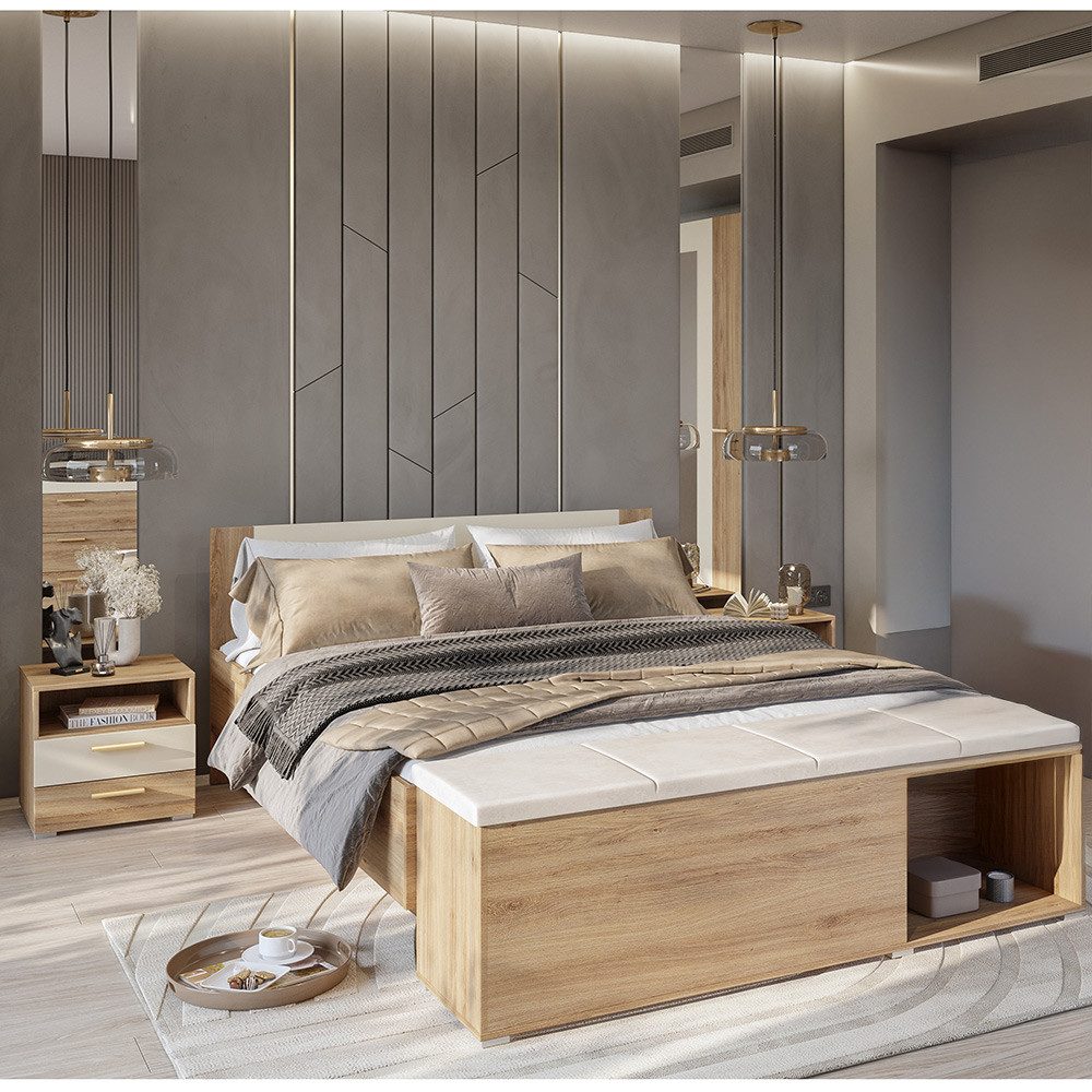 Lomadox Schlafzimmer-Set VARESE-83, (Spar-Set, 4-tlg., Bettgestell klappbarer Lattenrost Sitztruhe Nachtschränke), Eiche mit beige inkl. Lattenrost Bettkasten 160x200cm Liegefläche