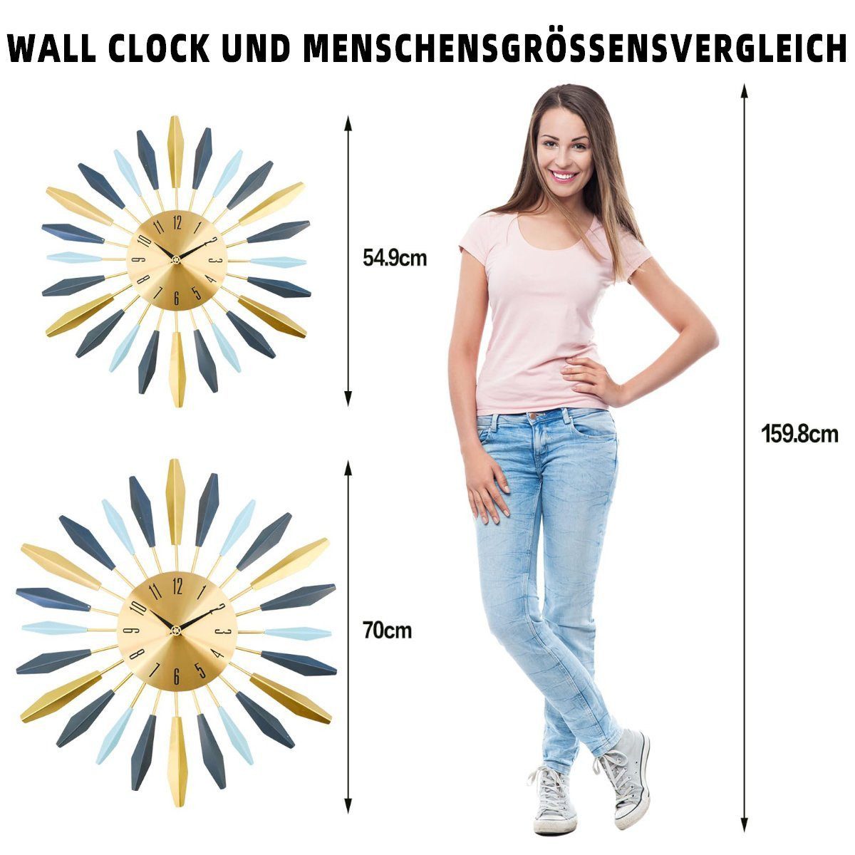feinlux Wanduhr Wanduhr 55 cm Wanduhr Metalldekoration (moderne Heimdekoration Wanduhr für Wohnzimmer, Schlafzimmer, Esszimmer)
