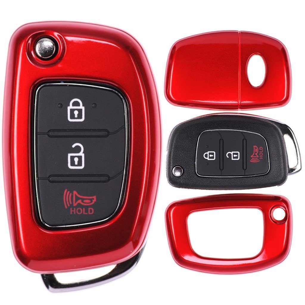 mt-key Schlüsseltasche Autoschlüssel Hardcover Schutzhülle Metallic Rot, für Hyundai i20 i30 ix35 i40 Santa Fe Tucson Klappschlüssel