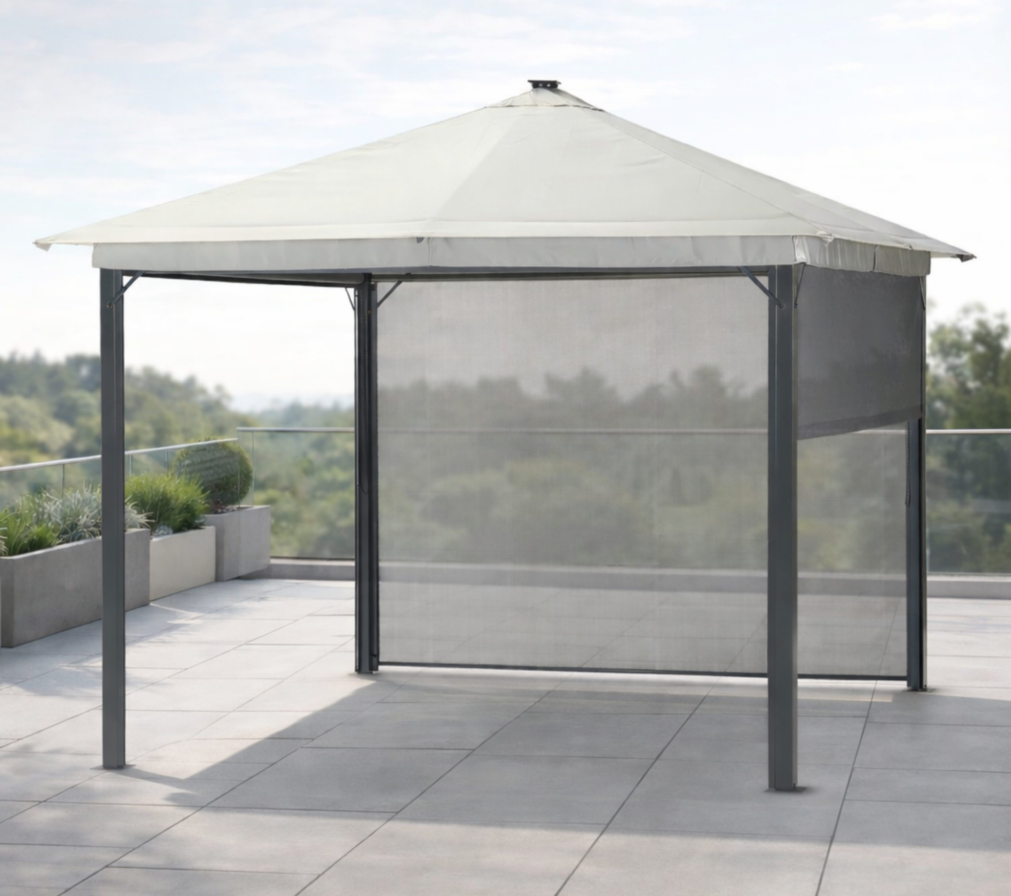 Leco Pavillon Solarpavillon LINA 3x3 m anthrazit lichtgrau, mit 4 Seitenteilen, 300x300 cm