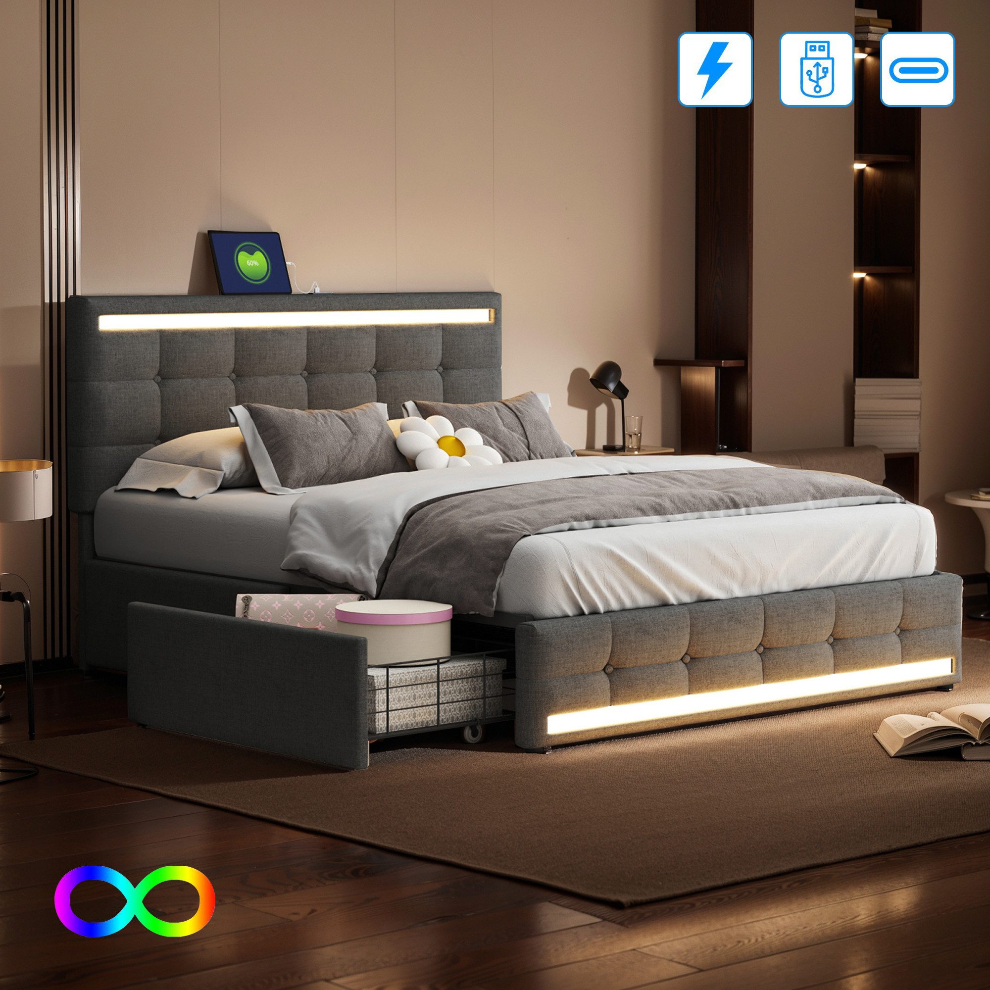 PXloue Polsterbett LED Doppelbett (Geeignet für Jugendliche und Kinder), St günstig online kaufen