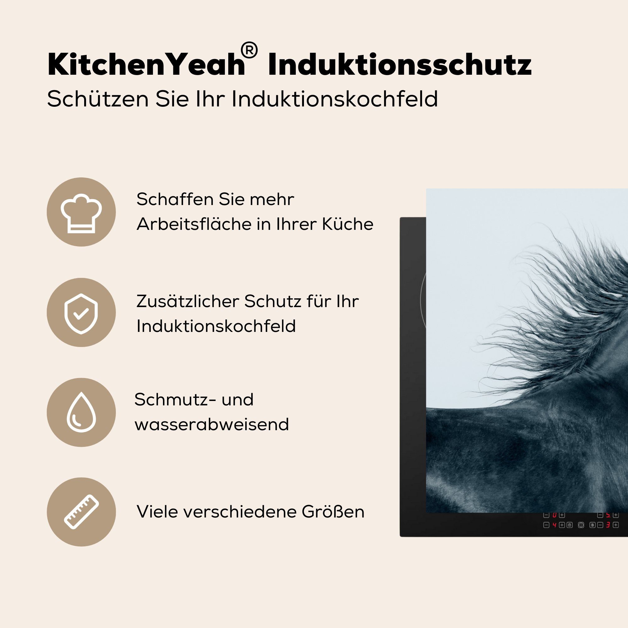 Vinyl, Induktionskochfeld MuchoWow Herdblende-/Abdeckplatte (1 Friese Schutz - küche, für tlg), Wind, Ceranfeldabdeckung Pferd 81x52 die - cm,