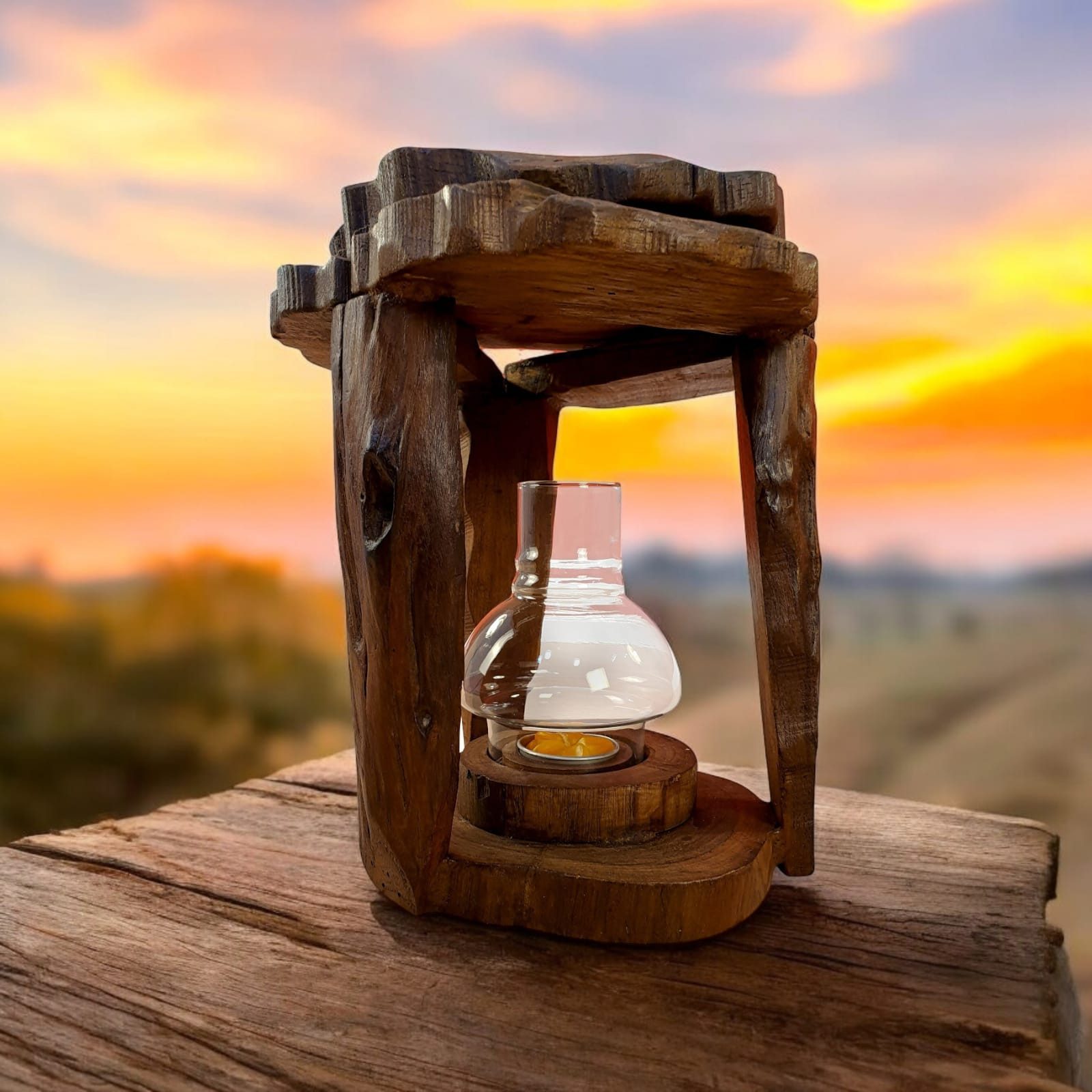 Kinaree Kerzenlaterne Wurzelholz Windlicht (inkl. Glasaufsatz), Akazien Massivholz, Handgefertigt, Naturprodukt, Outdoor geeignet