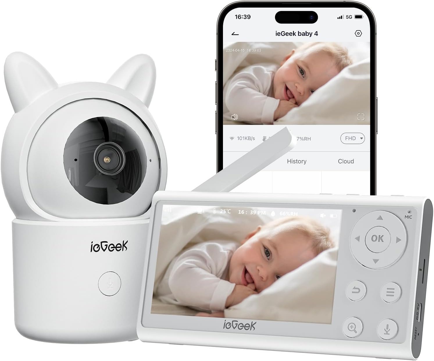 Video-Babyphone Babyphone mit Kamera 4.3 Zoll, Video Babyphone 1080P WLAN Babyfon PTZ