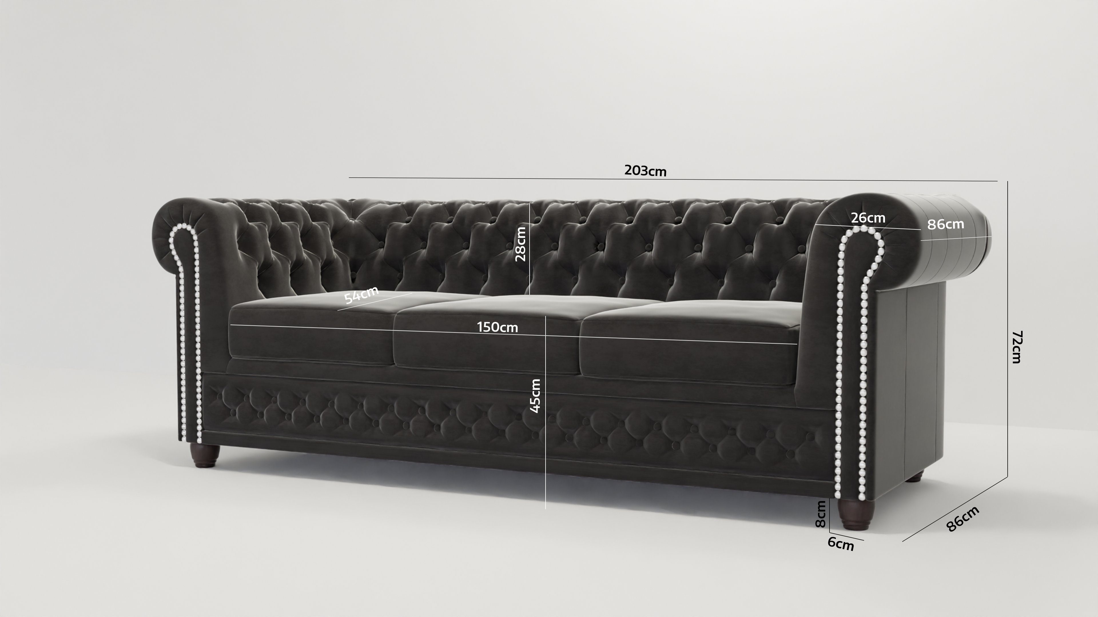 S-Style Möbel Chesterfield-Sofa Chesterfield Lena 3-Sitzer Sofa aus Samt-Stoff mit Holzfüßen, 3-Sitzer, mit Wellenfederung