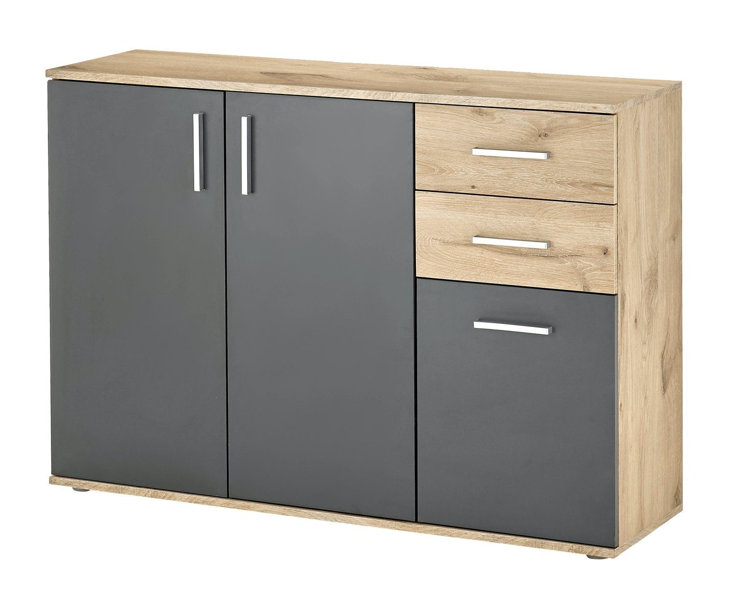Bega Consult Kommode BC 1040, Grau matt, Viking Eiche Dekor, 3 Türen, 2 Schubladen, B 120 x H 84 x T 35 cm