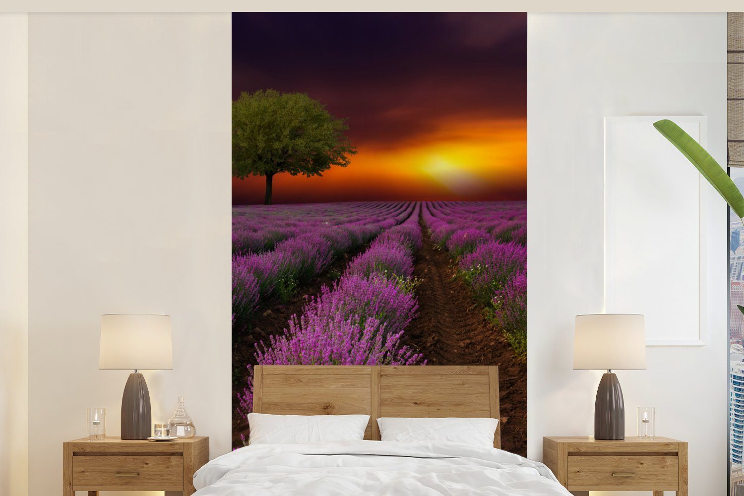 MuchoWow Fototapete Schönes Lavendelfeld an einem dunklen Abend mit Sonnenuntergang, Matt, bedruckt, (2 St), Vliestapete für Wohnzimmer Schlafzimmer Küche, Fototapete