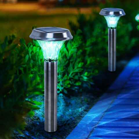 etc-shop LED Gartenleuchte, LED-Leuchtmittel fest verbaut, 2x LED Außen SOLAR Leuchten Steck Lampen Terrassen Edelstahl Erdspieß