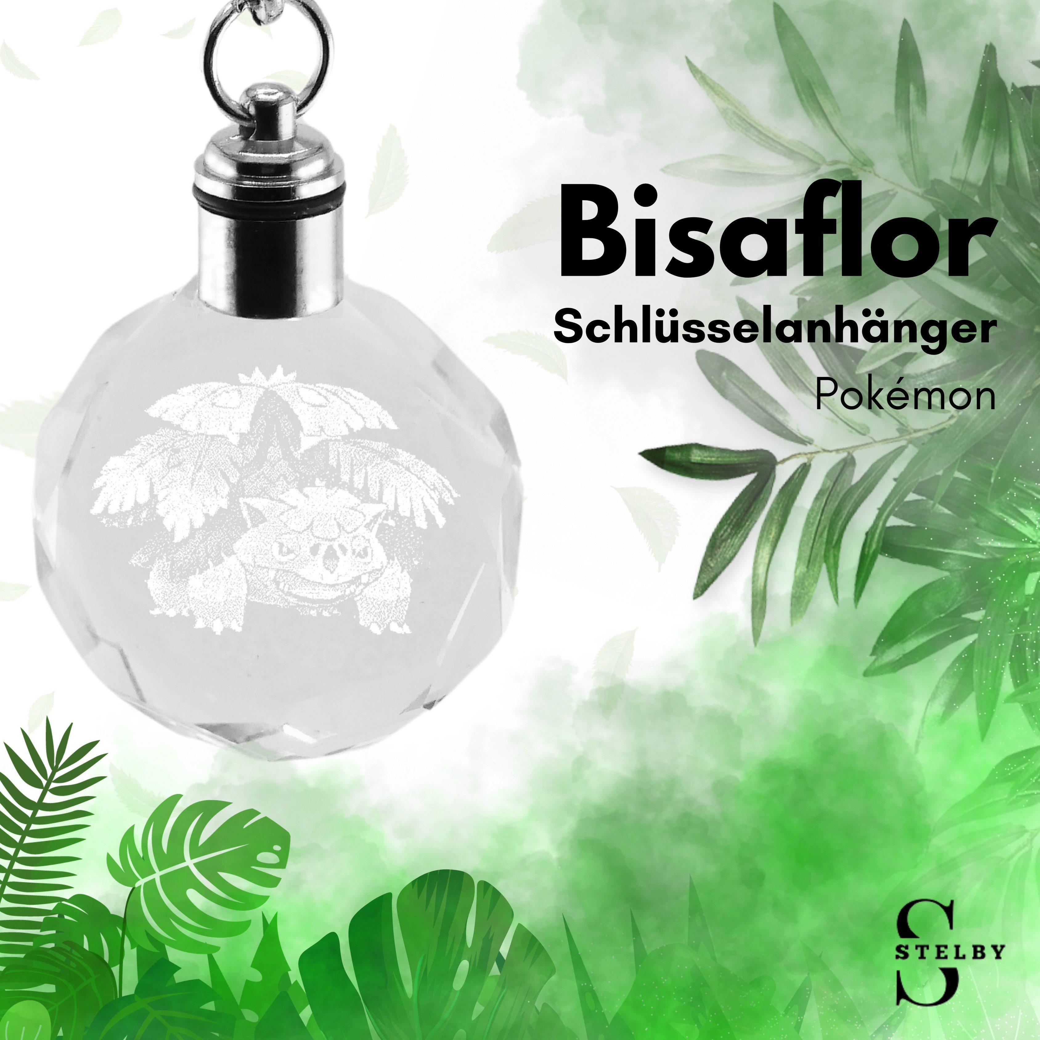 Stelby Schlüsselanhänger mit Gravur Pokemon Bisaflor Schlüsselanhänger Multicolor LED mit Geschenkbox (Perfekt für Geburtstage und Weihnachten, 1-tlg., Robustes Glasmaterial, leuchtet in 5 Farben), Farbwechsel, langlebig, modernes Design