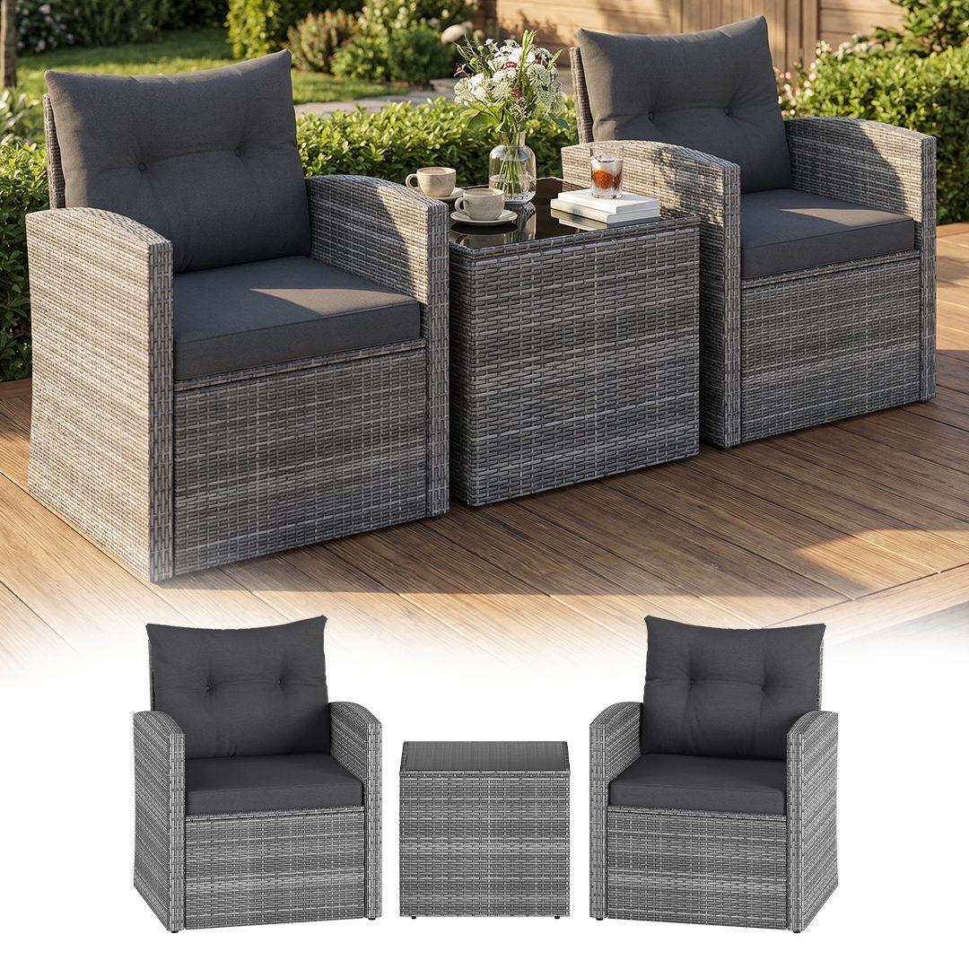 STEELSØN Sitzgruppe Selaria, Sitzgarnitur wetterfest inkl. Sitzkissen, (2-tlg., Grau), Gartenlounge mit 2 Stühlen & Tisch