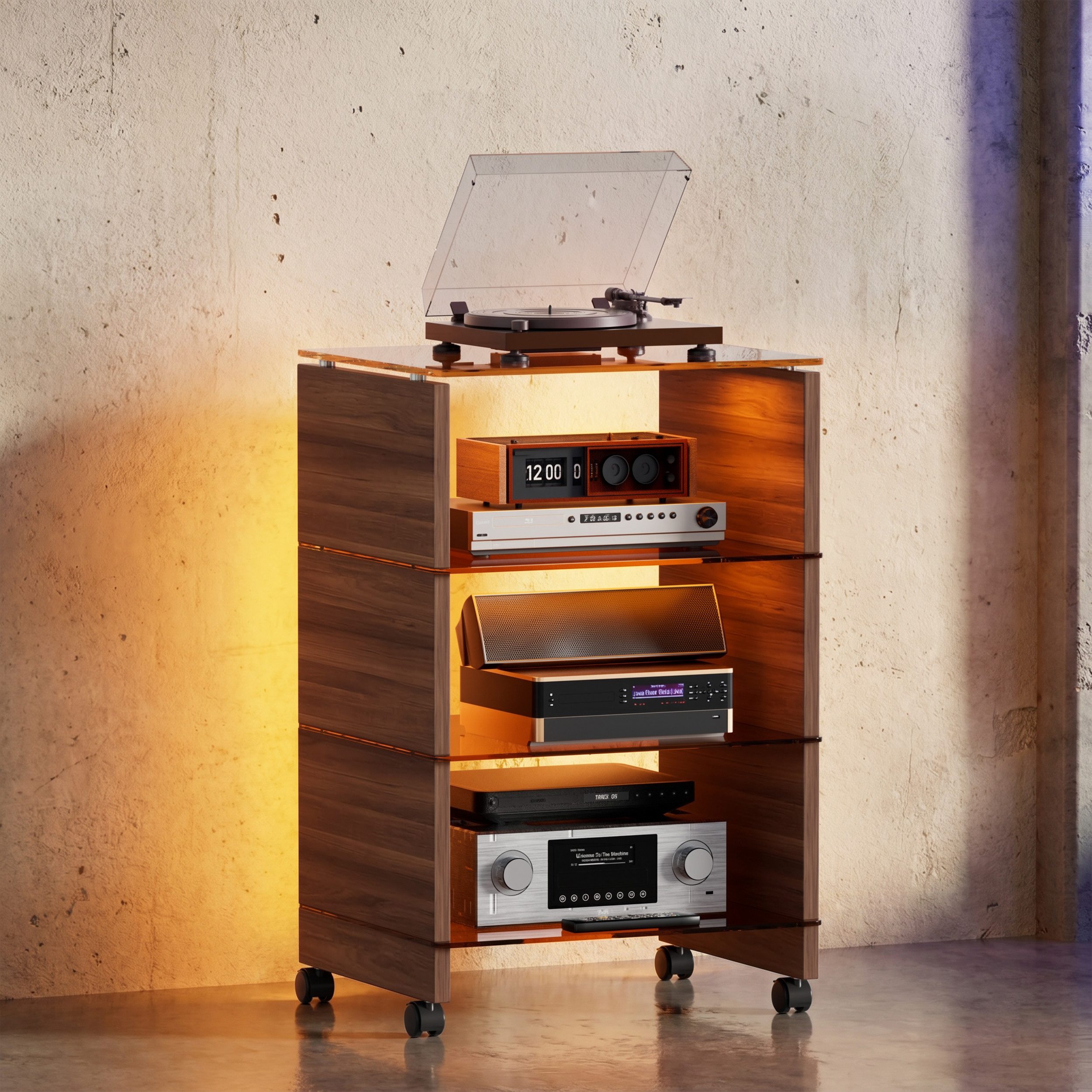 PEALOV TV-Regal 4-stufiger Medienständer mit LED-Leuchten, HiFi Regal mit Bremsrollen, 1-tlg., Stereo-Rack für Wohnzimmer, Spielzimmer und Medienraum
