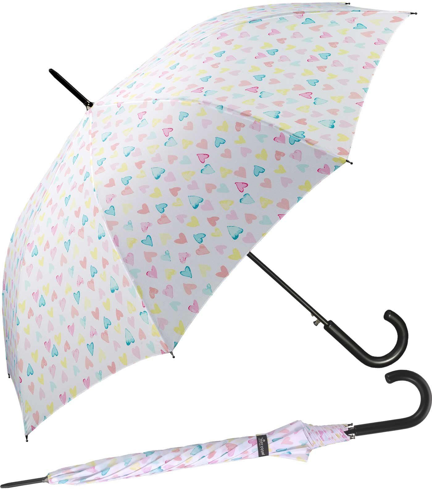 HAPPY RAIN in Langregenschirm Damen-Regenschirm Pastellfarben Auf-Automatik, Herzen großer zarten mit zauberhafte