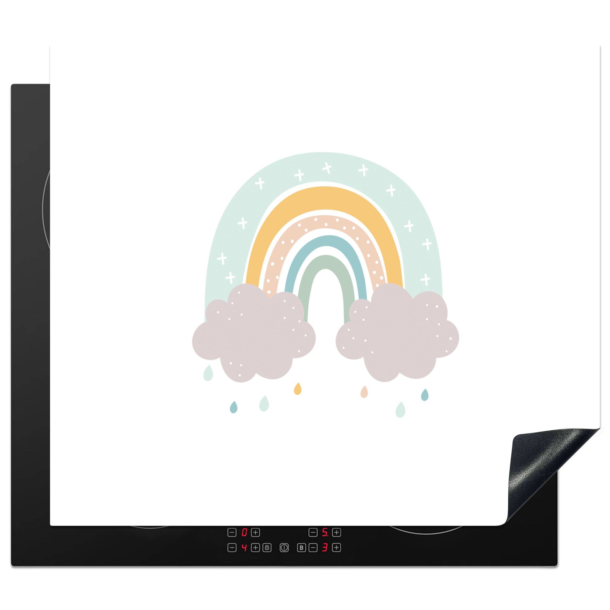 Ceranfeldabdeckung Kinder Pastell, MuchoWow (1 Mobile nutzbar, cm, Vinyl, - Wolken - Arbeitsfläche Regen 60x52 - Herdblende-/Abdeckplatte - Regenbogen tlg),