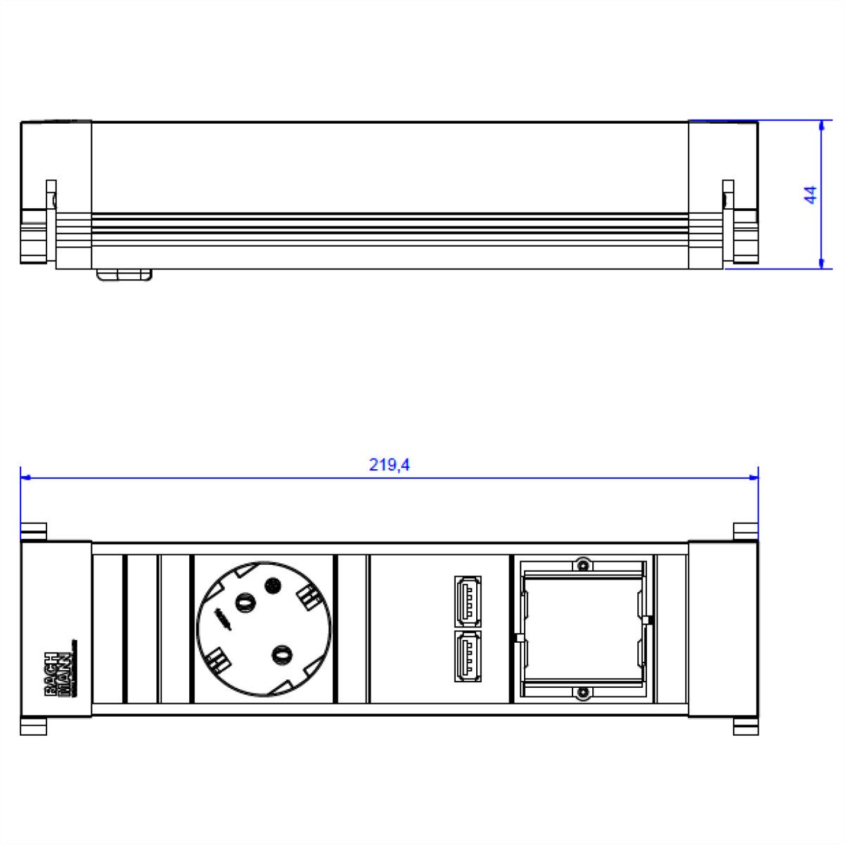 Bachmann POWER FRAME Small 1x Schutzkontakt 1x USB Charger 1x ABD Einbau-Tischsteckdosenleiste (Kabellänge 0.1 m), 916.0039