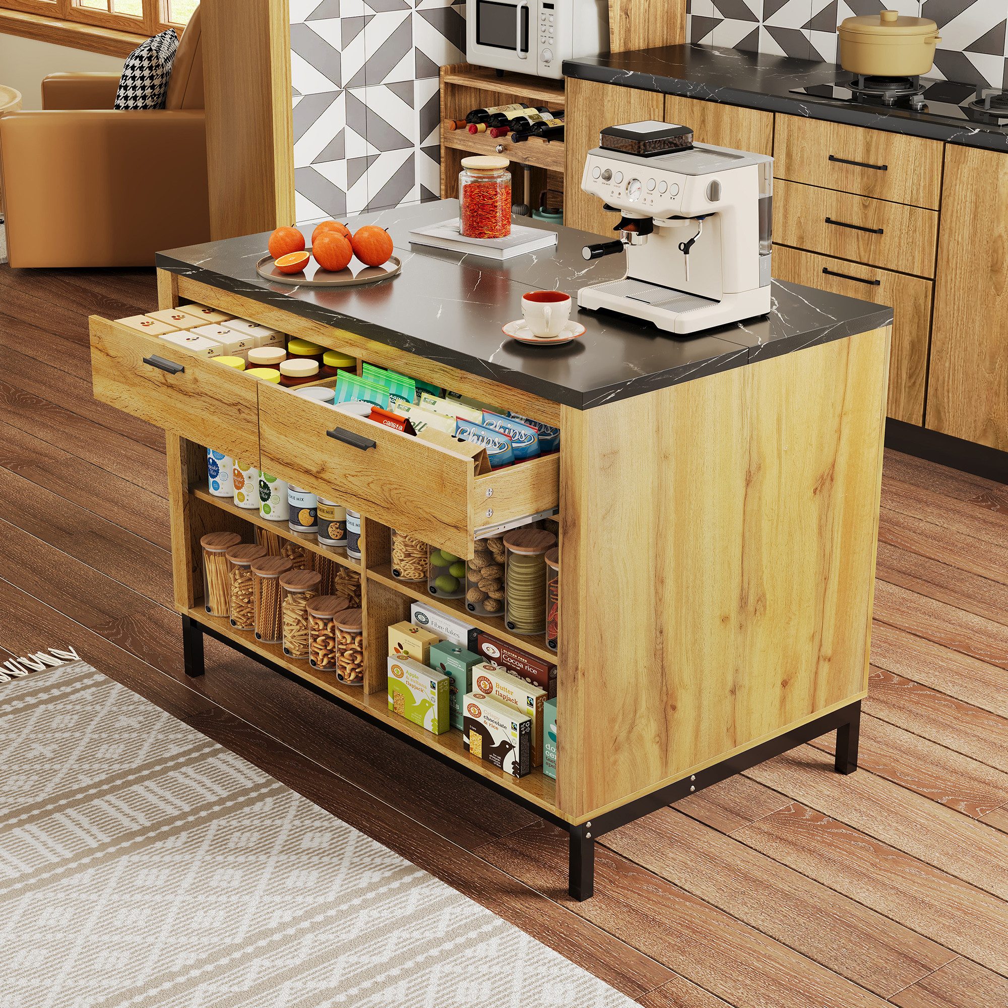 OKWISH Esstisch Multifunktionale Kücheninsel (Kücheninsel Landhausstil 120×75×90 cm mit 2 Schubladen & 4 Regalen, schwarze Marmor-Arbeitsplatte & Barbereich, 1-St., 120×75×90cm)
