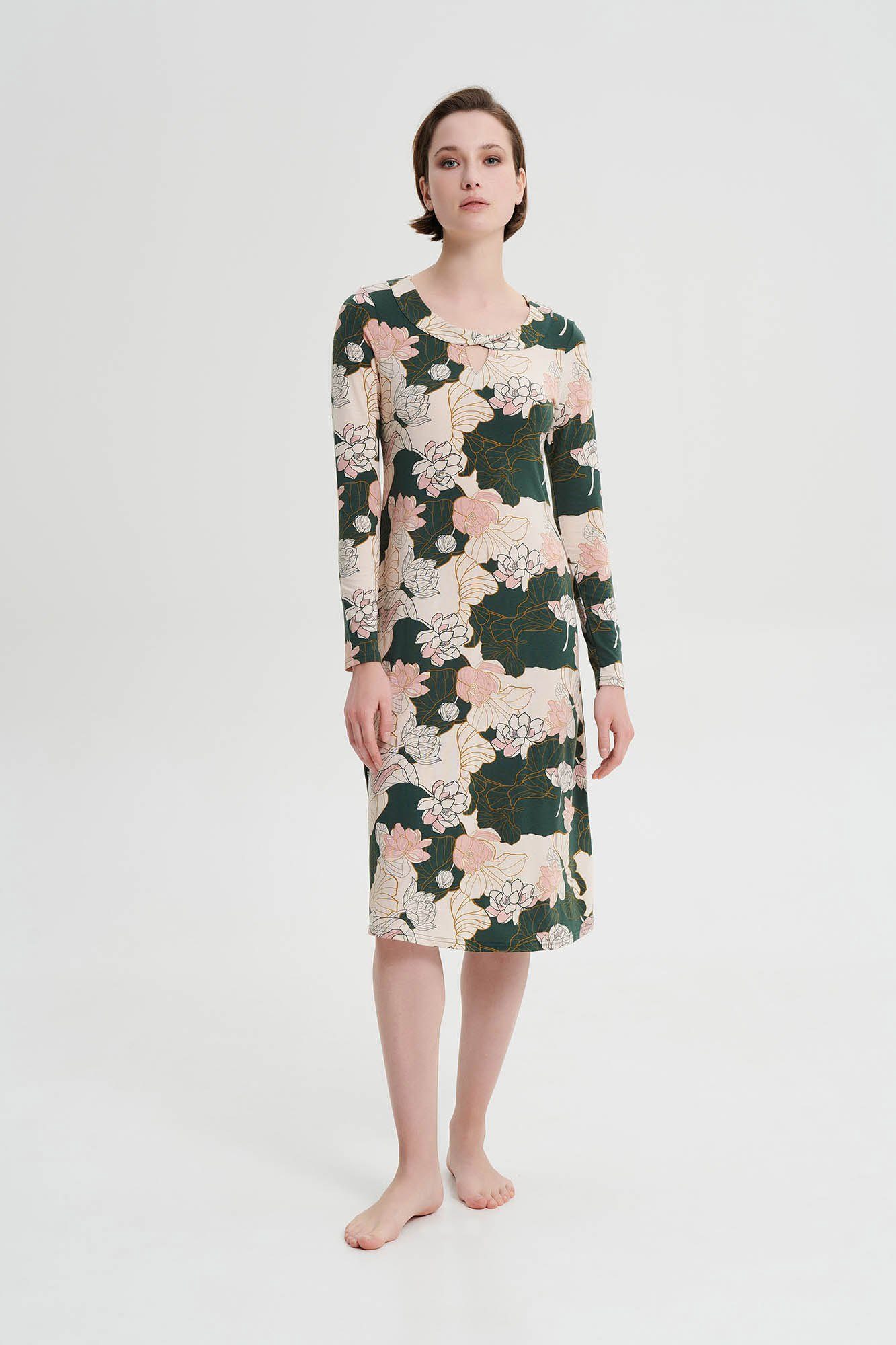 Vamp Nachthemd VAMP lingerie (Set, 1-tlg., 1-teilig) Damen Nachthemd 105cm lang Langarm Nachtwäsche Modal Floral