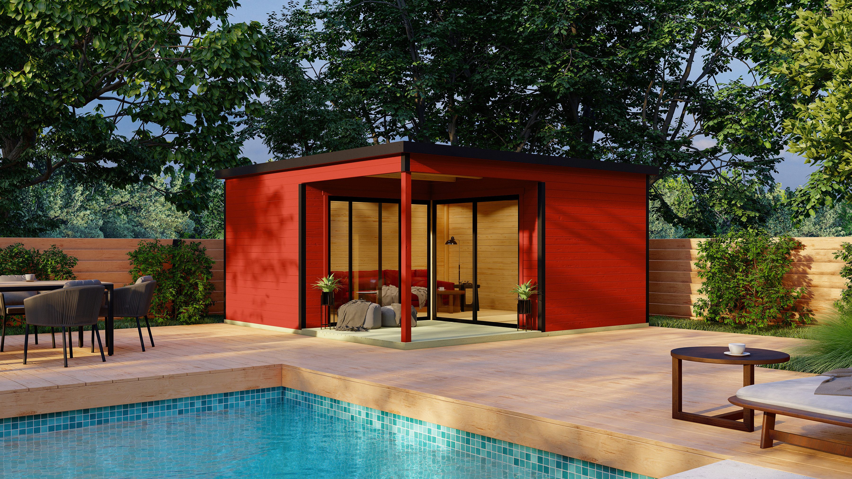 LASITA MAJA Gartenhaus DOMEO 6 LOGGIA SCHWEDENROT/ANTHRAZIT, BxT: 519,6x519,6  cm, (Set), mit Überdachung, Fundamentmass 5000 x 5000, Schwedenrot