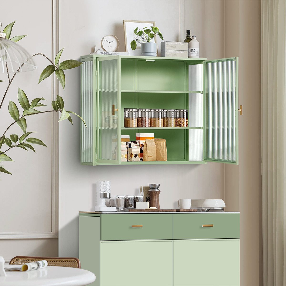 XDeer Wandhängeschrank 70CM Hängeschrank Glastüren Wandschrank mit dreistufiger, Lagerung Hängeglasschrank für Eingangsbereich Wohnzimmer