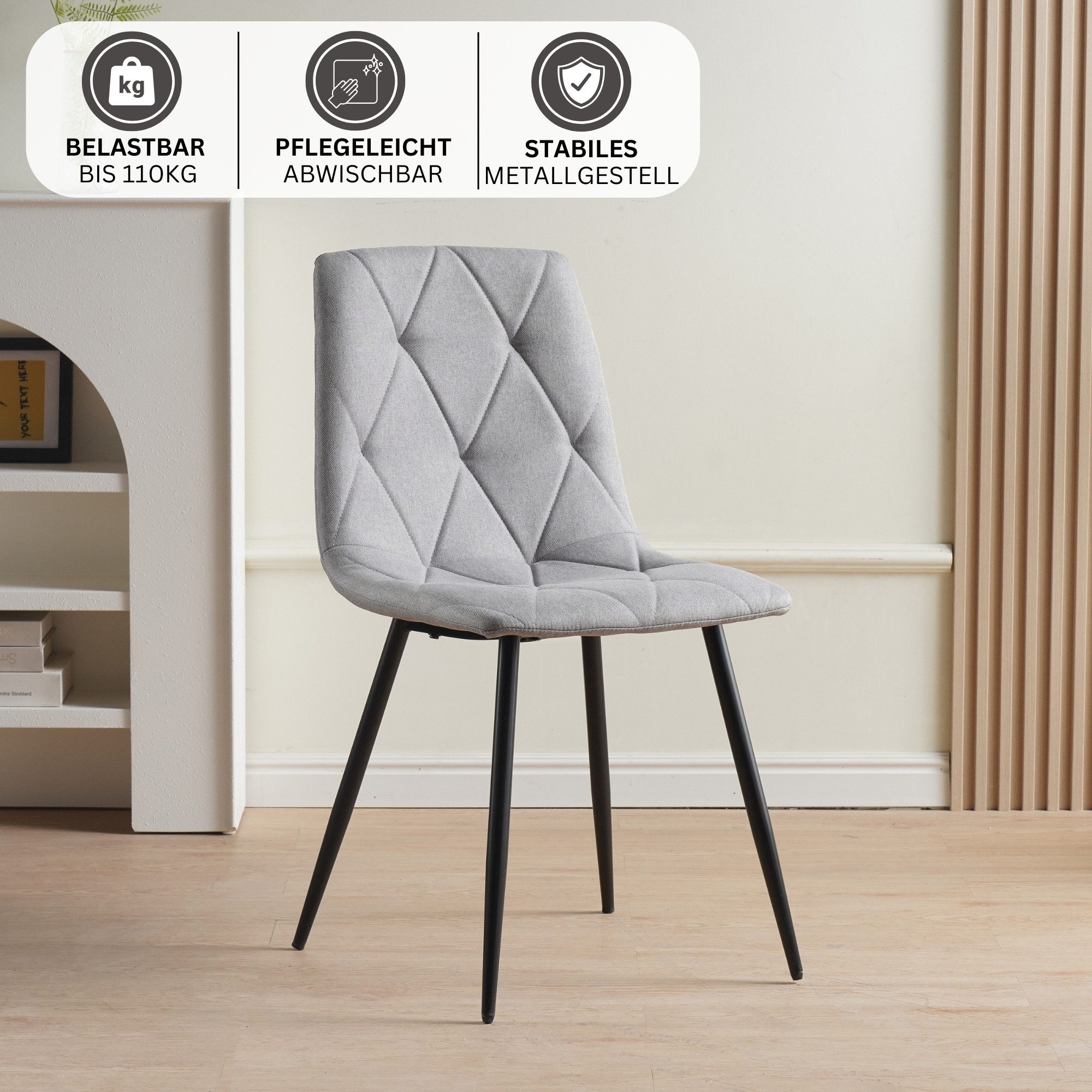Albatros International Esszimmerstuhl Esszimmer Stühle 4 er Set DORA, Stuhl Stühle Esszimmerstühle, Küche (4er Set, Grau, Stoff Bezug), Küchenstuhl Küchenstühle Essstühle für den Esstisch Ess Stühle