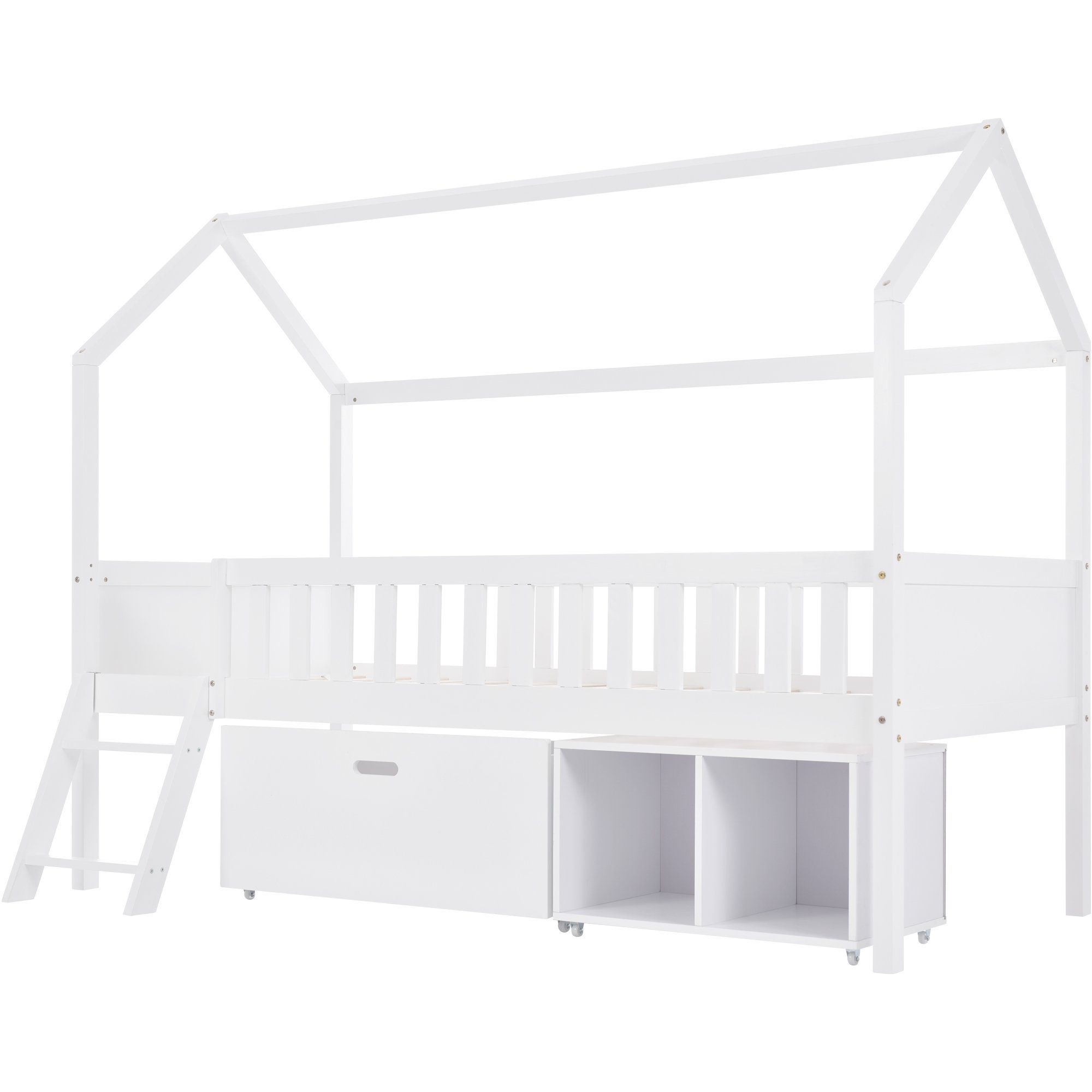 Schutzplanken Rädern, & Schublade cm Bett), Umgeben Ablagefächern Treppe 1 Kinderbett Hochbett von Hausbett, 90*200 Ulife mit mit Stauräume, und (Packung, weißes