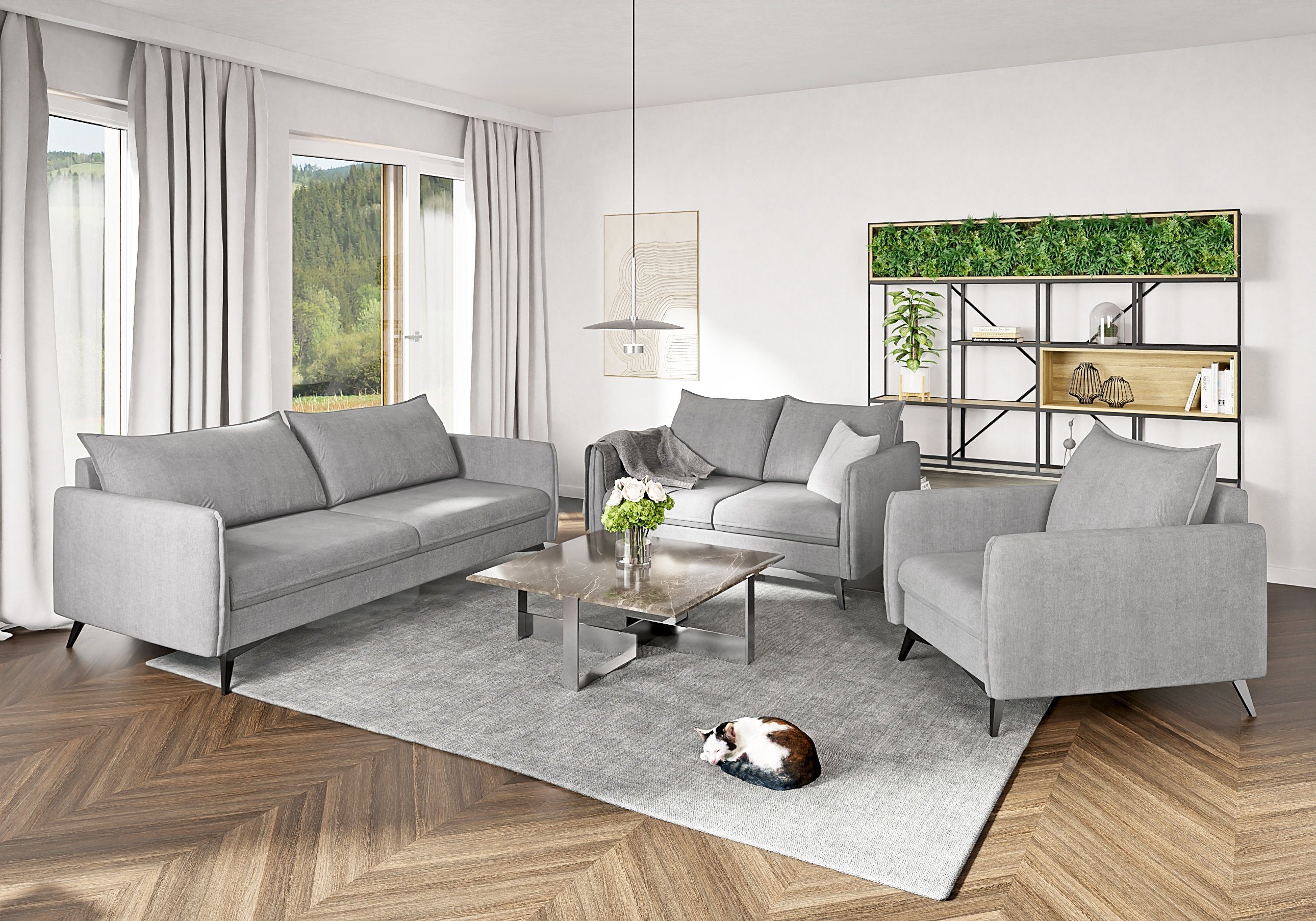 S-Style Möbel Polstergarnitur Modernes 3+2+1 Azalea mit Schwarz Metall Füßen, (1x 3-Sitzer-Sofa, 1x 2-Sitzer-Sofa, 1x Sessel), mit Wellenfederung Silber | Couchgarnituren