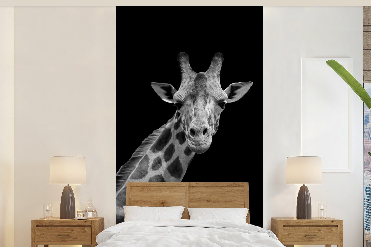 MuchoWow Fototapete Giraffe - Wildtiere - Schwarz - Weiß - Porträt, Matt, bedruckt, (2 St), Vliestapete für Wohnzimmer Schlafzimmer Küche, Fototapete