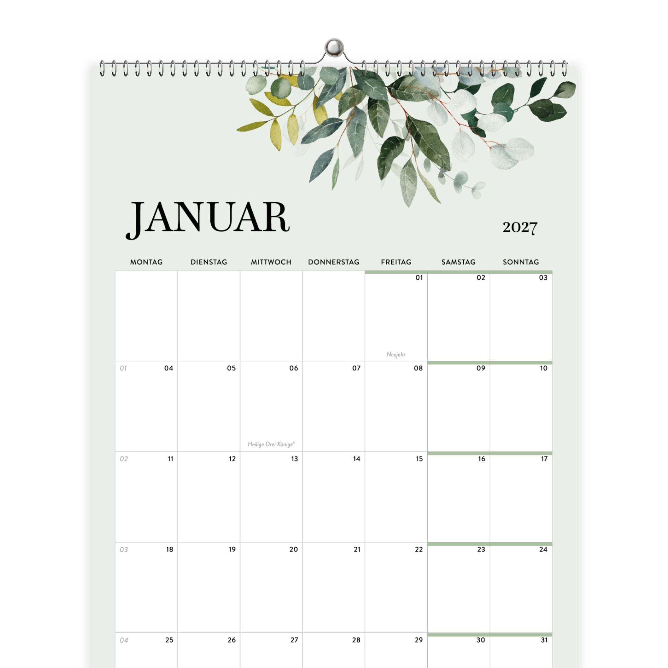 heaven+paper Jahresplaner Wandkalender 2027 DIN A4 hoch, Eukalyptus-Design Spiralbindung, Hergestellt in Deutschland