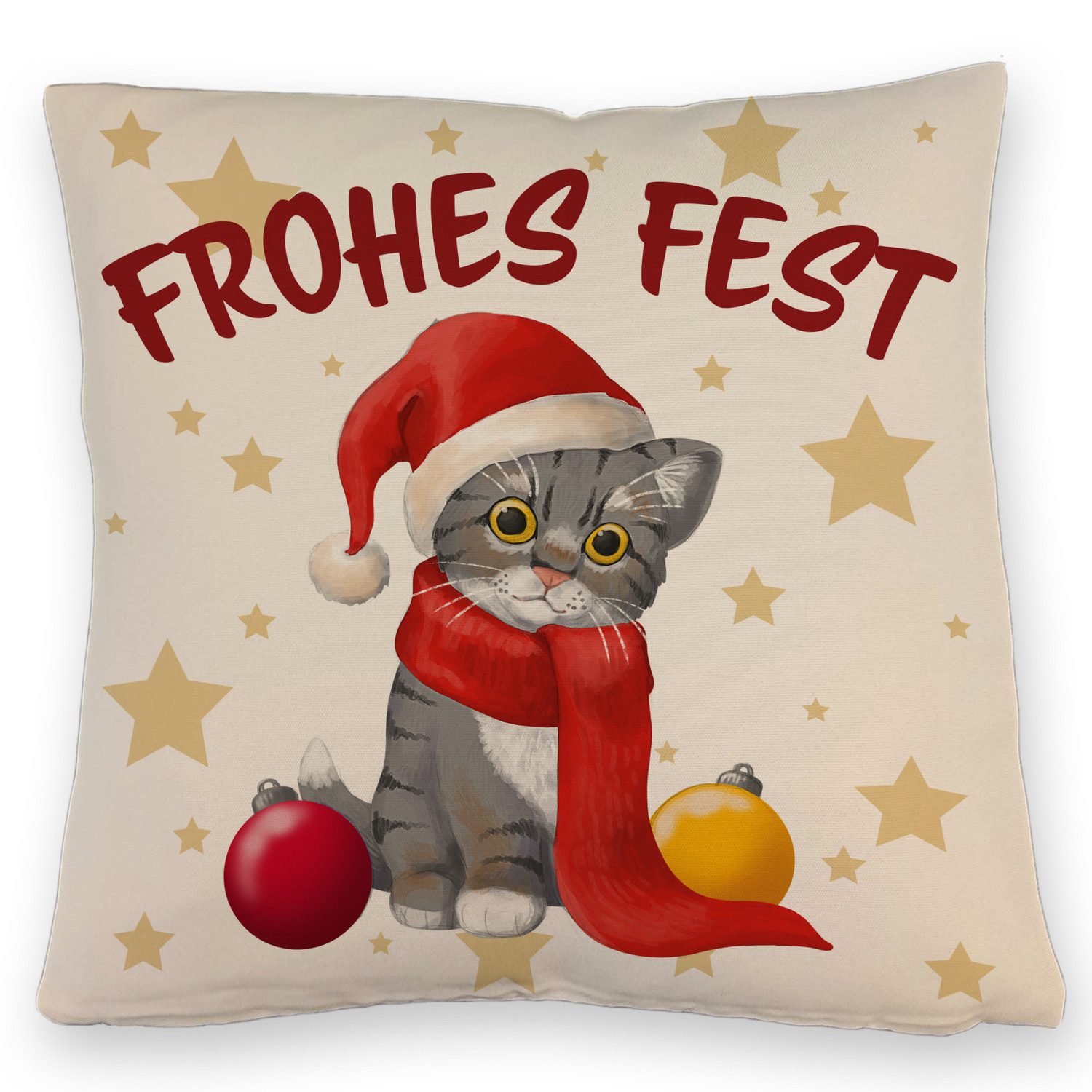 speecheese Dekokissen Katze mit Mütze Kissen mit Leinenoptik mit Spruch Frohes Fest