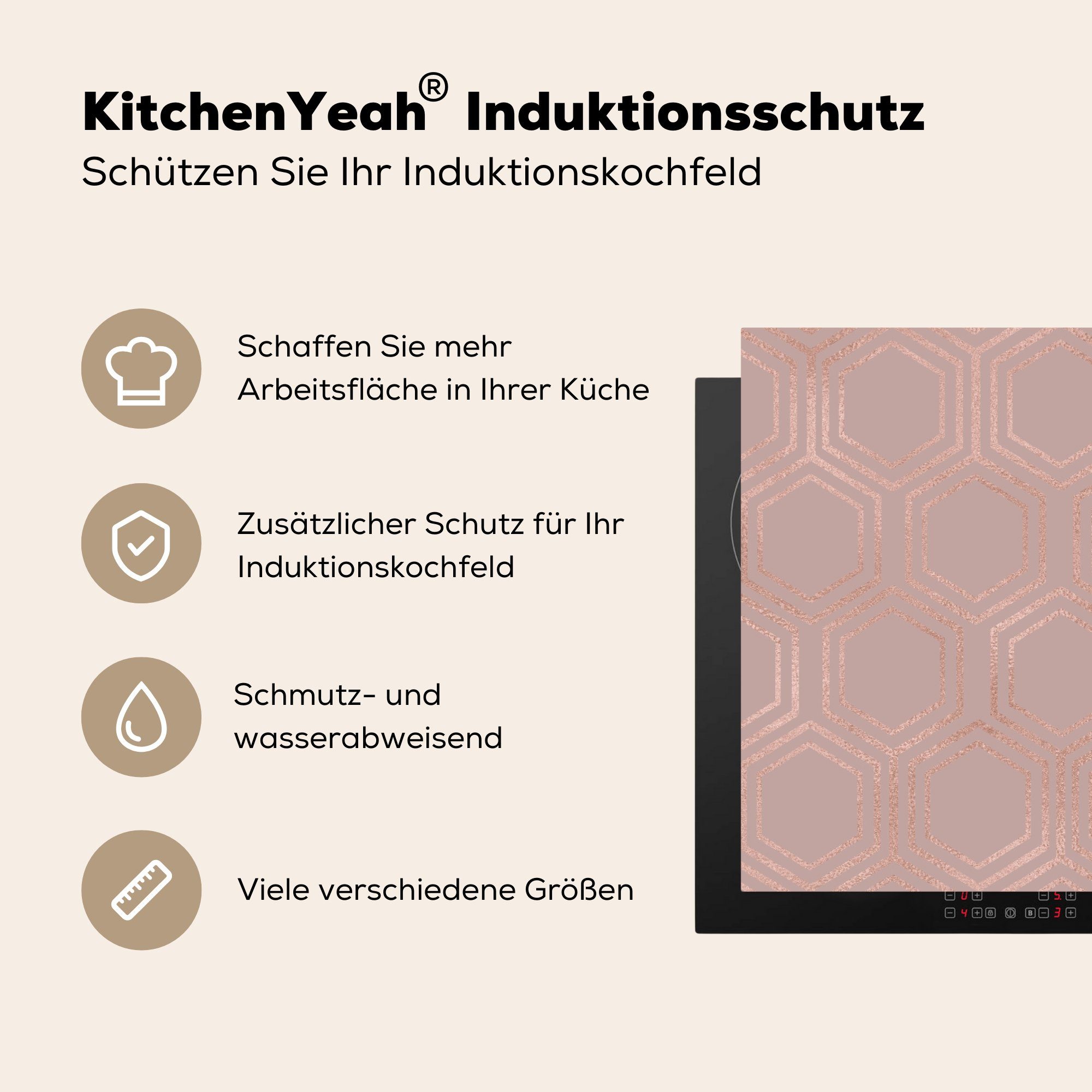 MuchoWow Herdblende-/Abdeckplatte Muster - Vinyl, cm, Induktionskochfeld - Ceranfeldabdeckung (1 Roségold tlg), küche, Schutz Rosa, die für 81x52