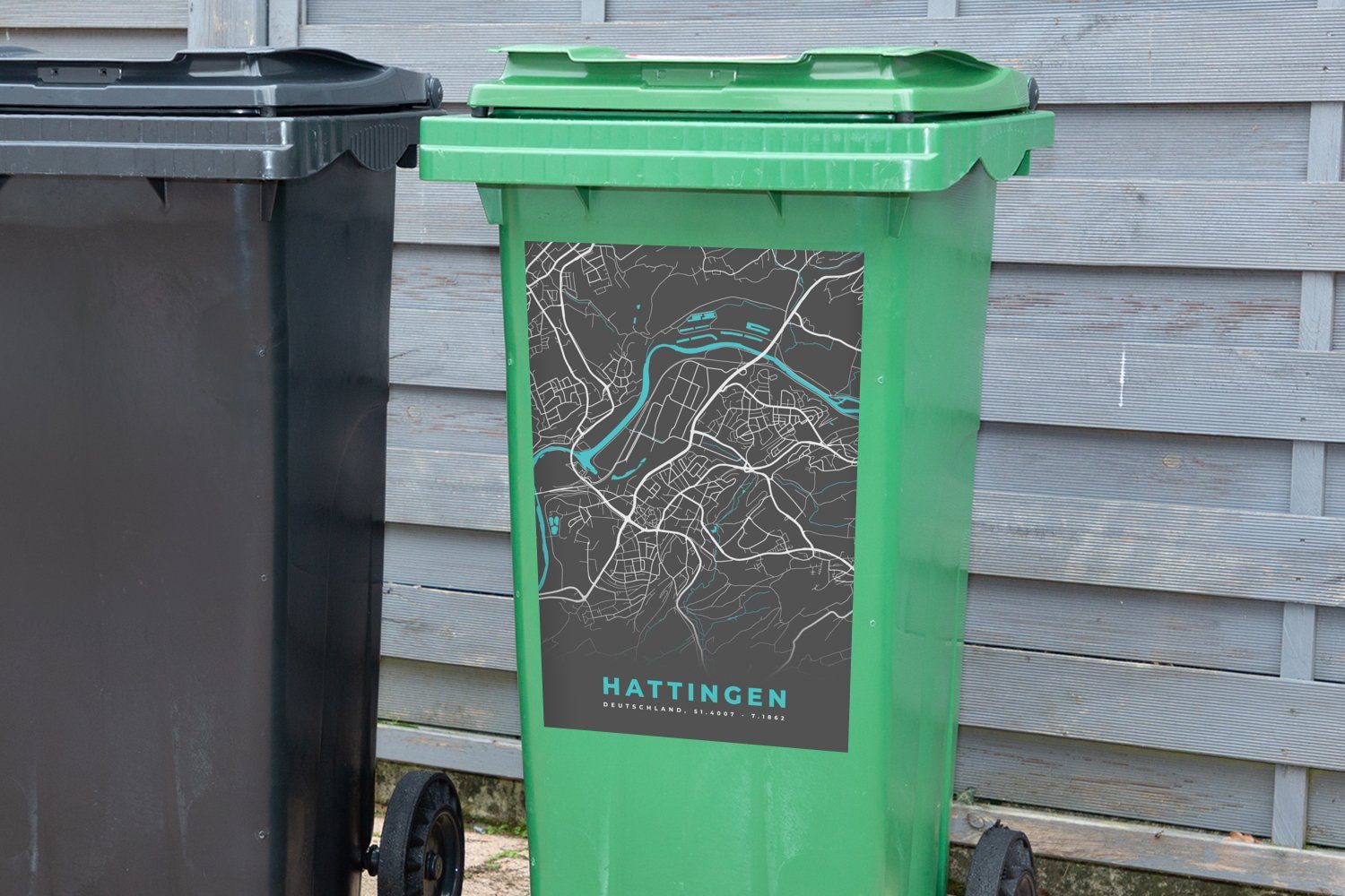 Container, Mülleimer-aufkleber, - MuchoWow Hattingen Wandsticker - Deutschland St), - Sticker, - Blau Stadtplan Mülltonne, (1 Abfalbehälter Karte