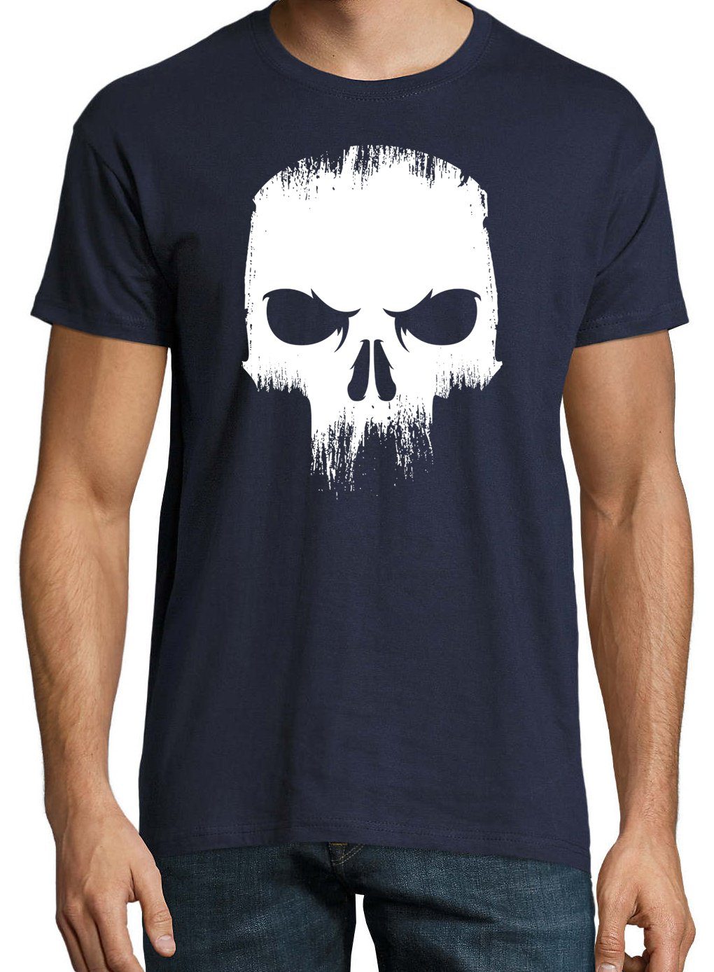 T-Shirt trendigem Frontprint Shirt Herren Angry Youth mit Designz Skull Totenkopf Navyblau