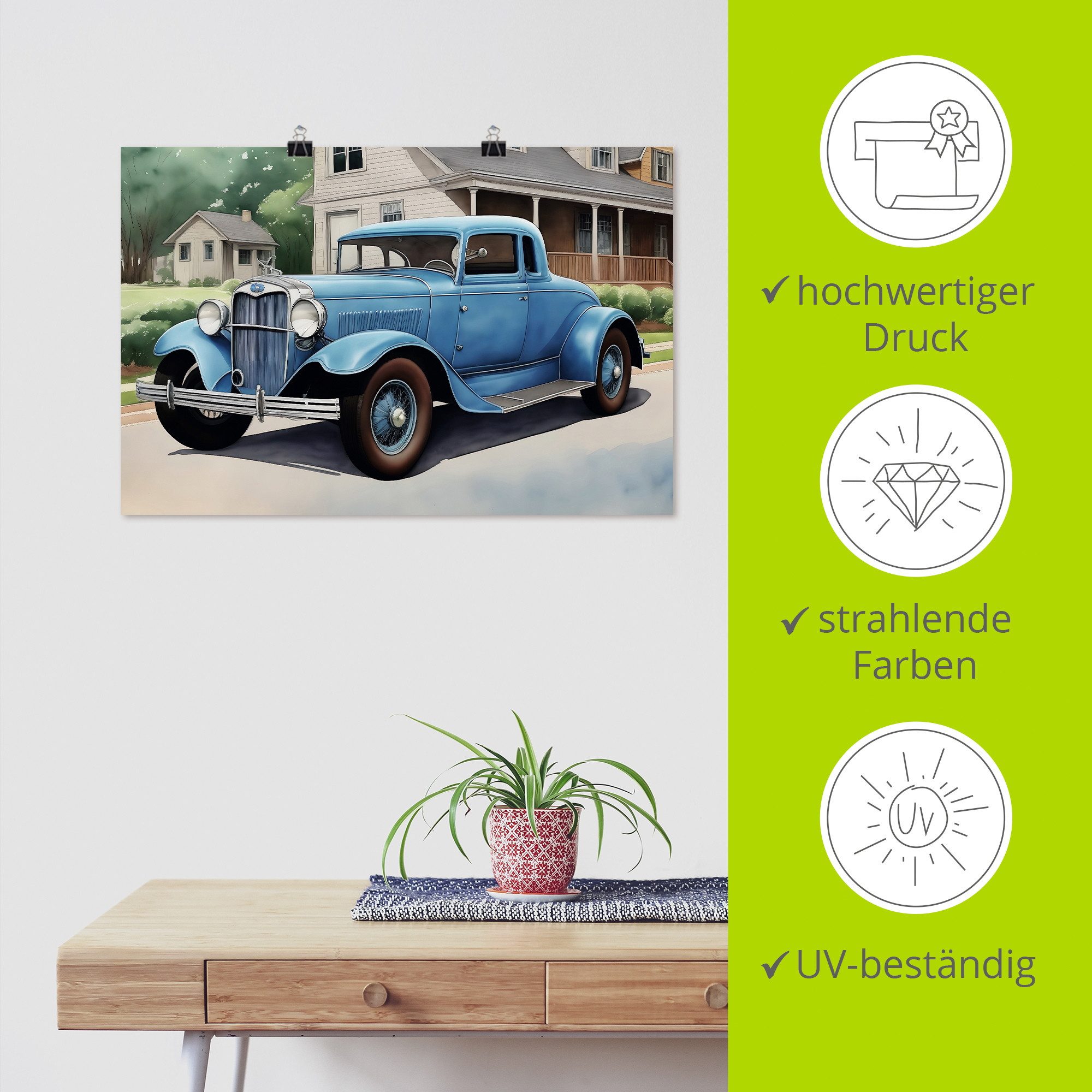 Artland Wandbild Blauer Oldtimer der 1930er Jahre, Auto (1 St), als Alubild, Leinwandbild, Poster, Wandaufkleber in verschied. Größen