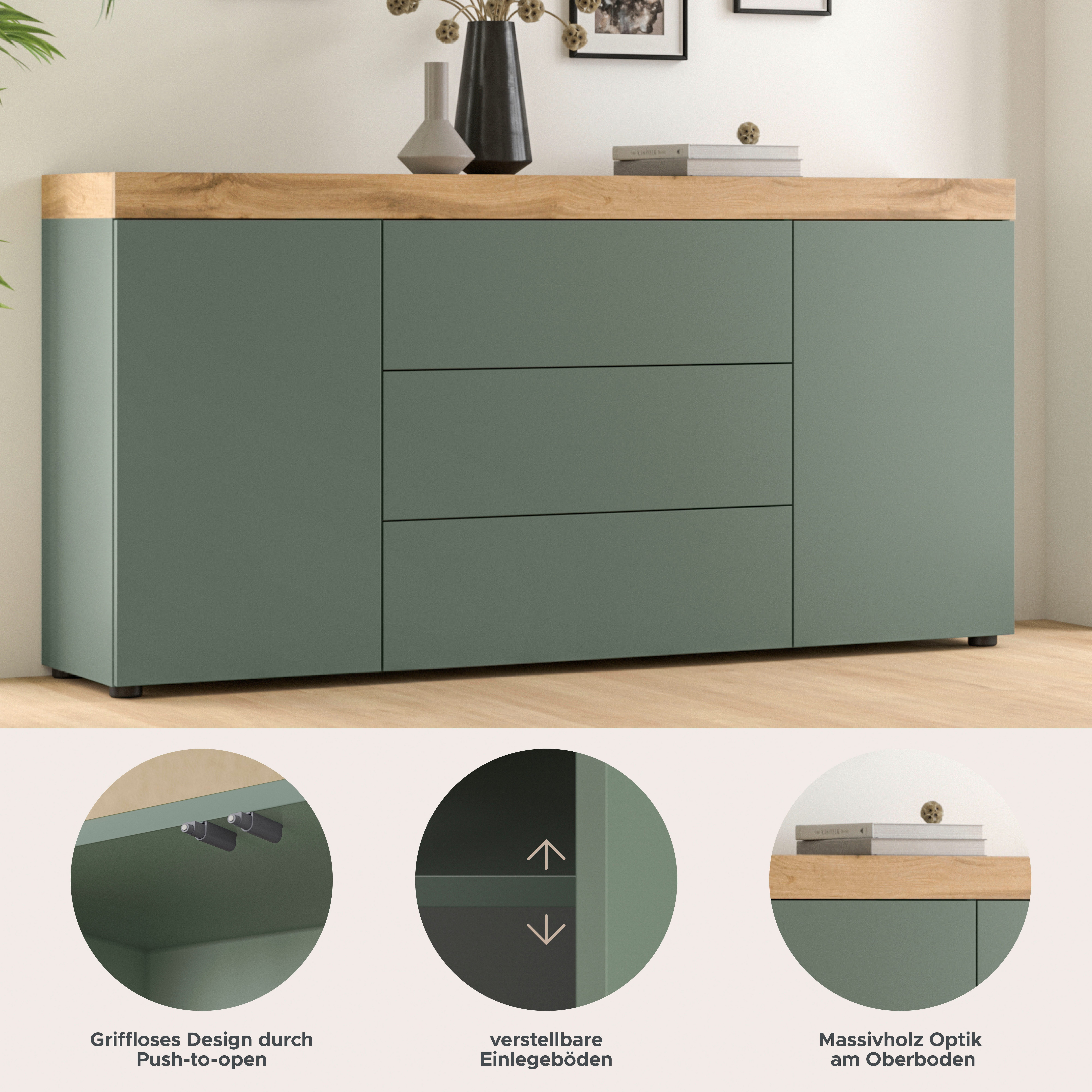 OTTO home Sideboard MAMBO, TOPSELLER!, Breite 160cm, 2 Türen, 3 Schubkästen, push-2-open (1 St., 2 farbige Ausführung, in verschiedenen Farben erhältlich), Kommode, Anrichte, Wohnzimmer, Schlafzimmer
