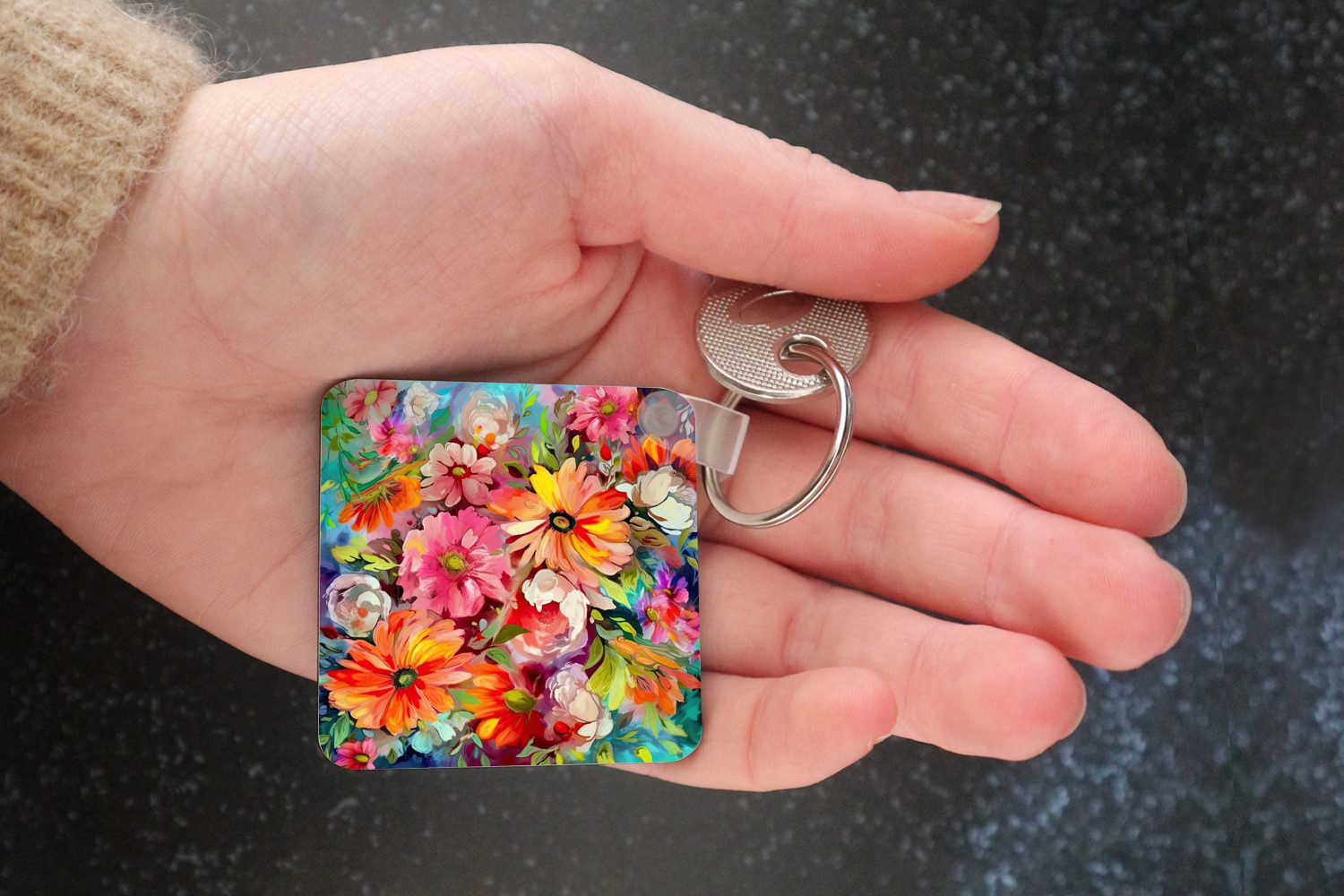 MuchoWow Schlüsselanhänger Blumen - Kunst - Malerei - Botanisch, Quadratisch, Accessoire Auto / Haus / Rucksack / Handtasche, 5x5 cm