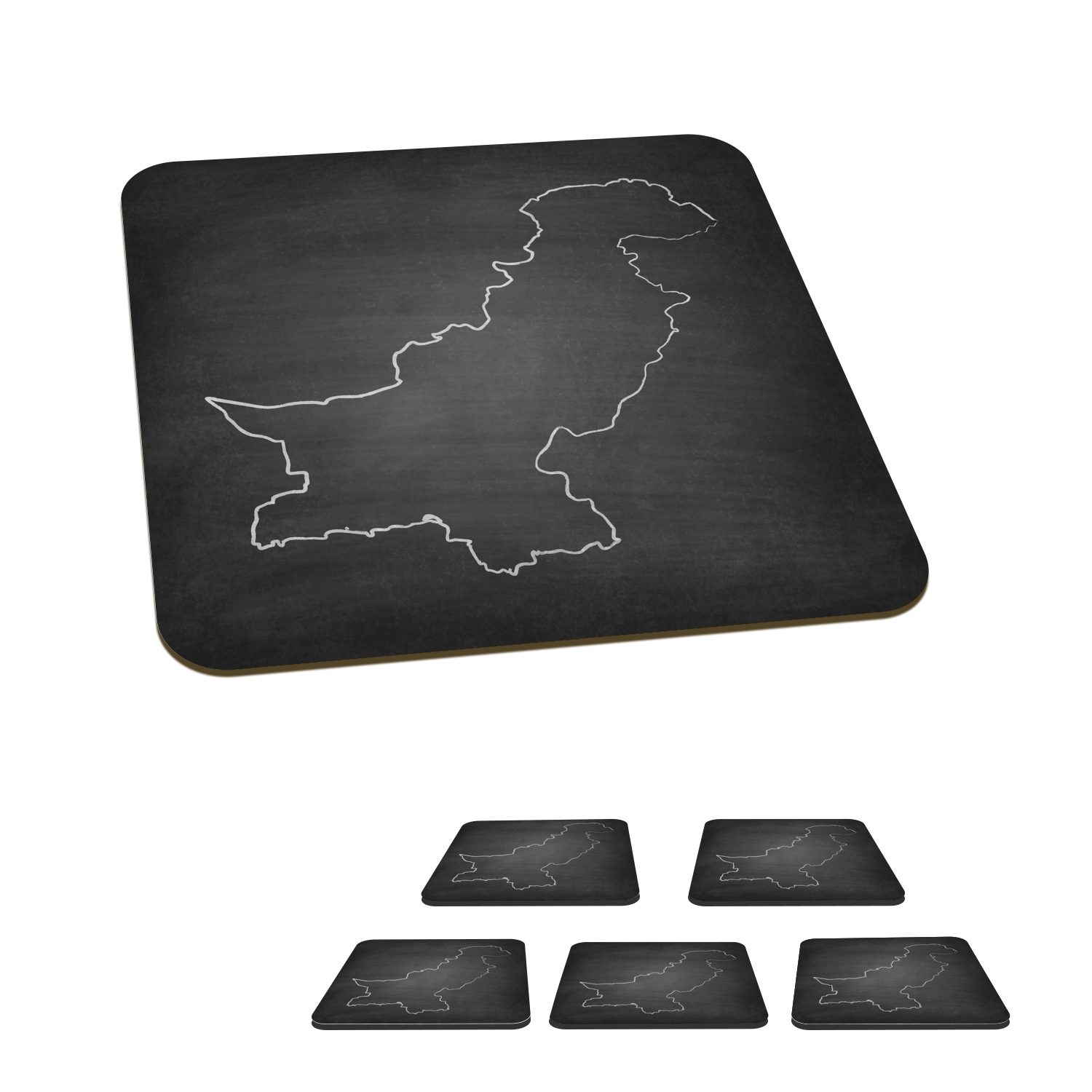 MuchoWow Glasuntersetzer Illustration der Karte Pakistans auf einer Kreidetafel, Zubehör für Gläser, 6-tlg., Glasuntersetzer, Tischuntersetzer, Korkuntersetzer, Untersetzer, Tasse