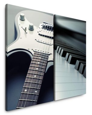 Sinus Art Leinwandbild 2 Bilder je 60x90cm Musik E-Gitarre Klavier Klaviertasten Gitarre Schwarz Weiß