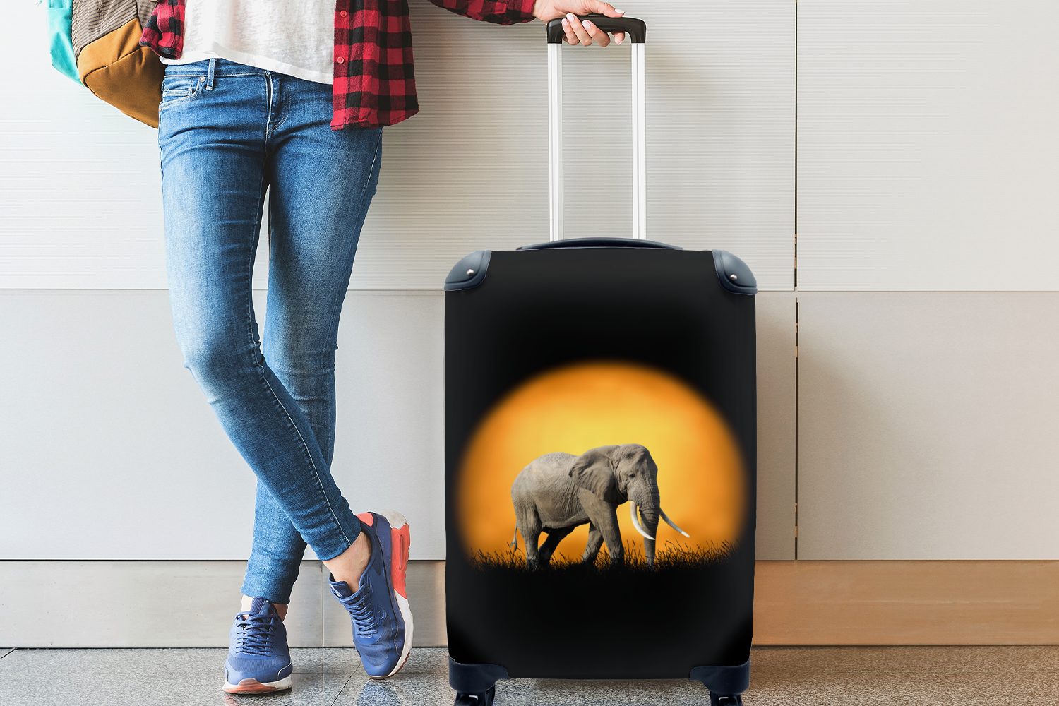 Trolley, Reisekoffer Sonne - mit Orange, 4 Elefant Handgepäck Handgepäckkoffer rollen, MuchoWow Rollen, Reisetasche - Ferien, für