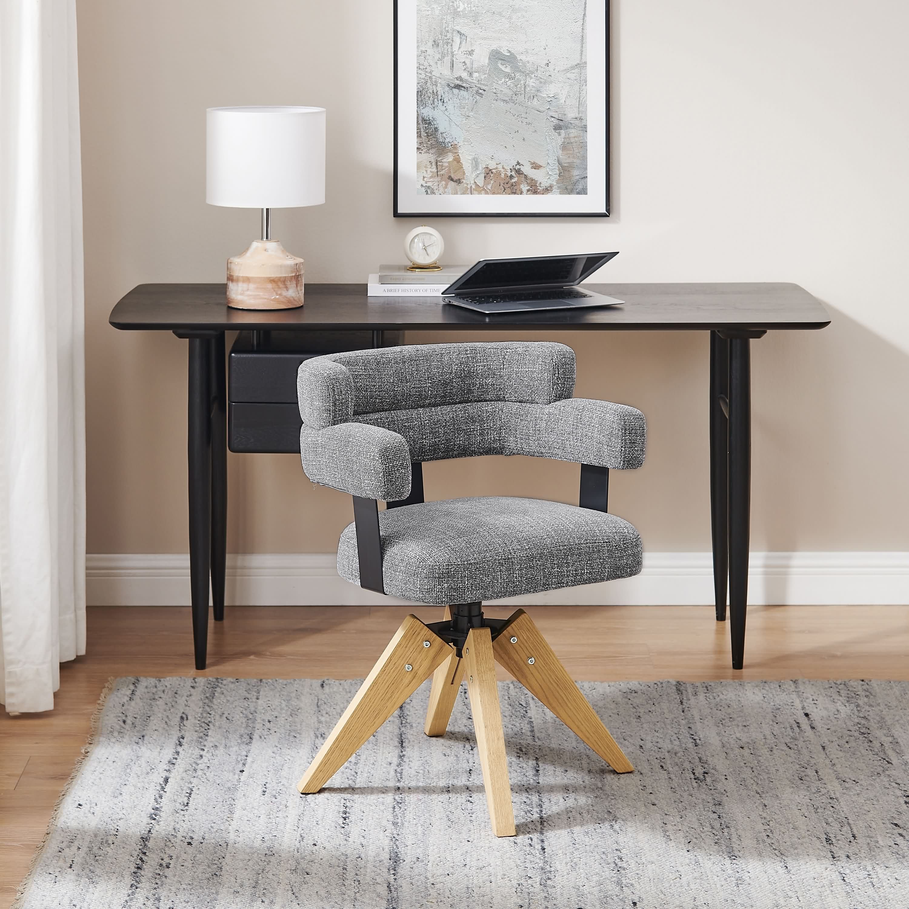 Art Leon Esszimmerstuhl DC027 (Esszimmerstühle Drehbar Baumwollleinen Stuhl Polsterstuhl mit Armlehnen Eichenholzbeine, 1 St), 360 Grad Drehbar Schreibstuhl Sitzfläche 46x47cm 1 Stück Küchestuhl