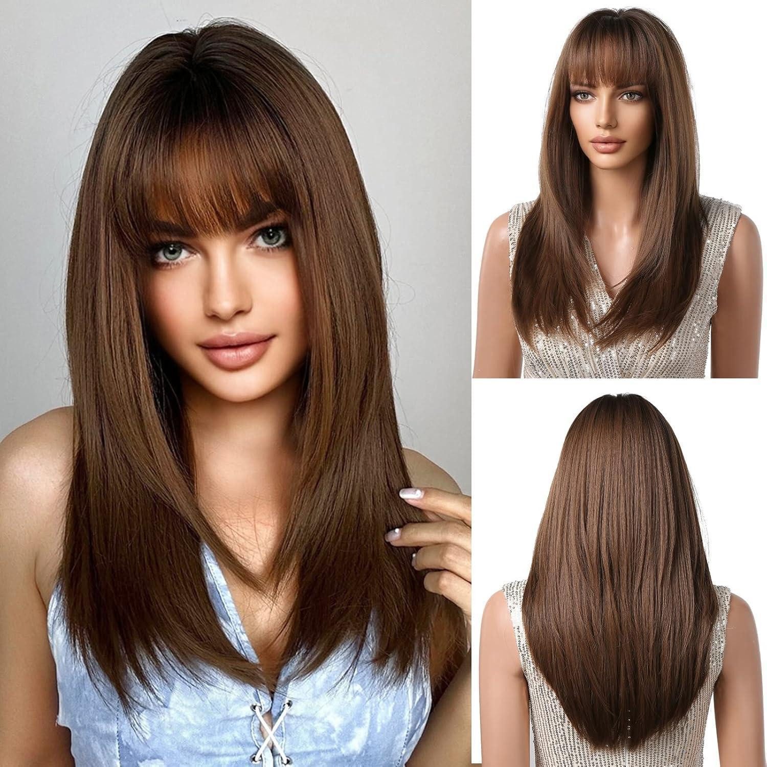 LuxusKollektion Kunsthaarperücke Braune Lange Perücke mit Pony für Frauen - Synthetisches