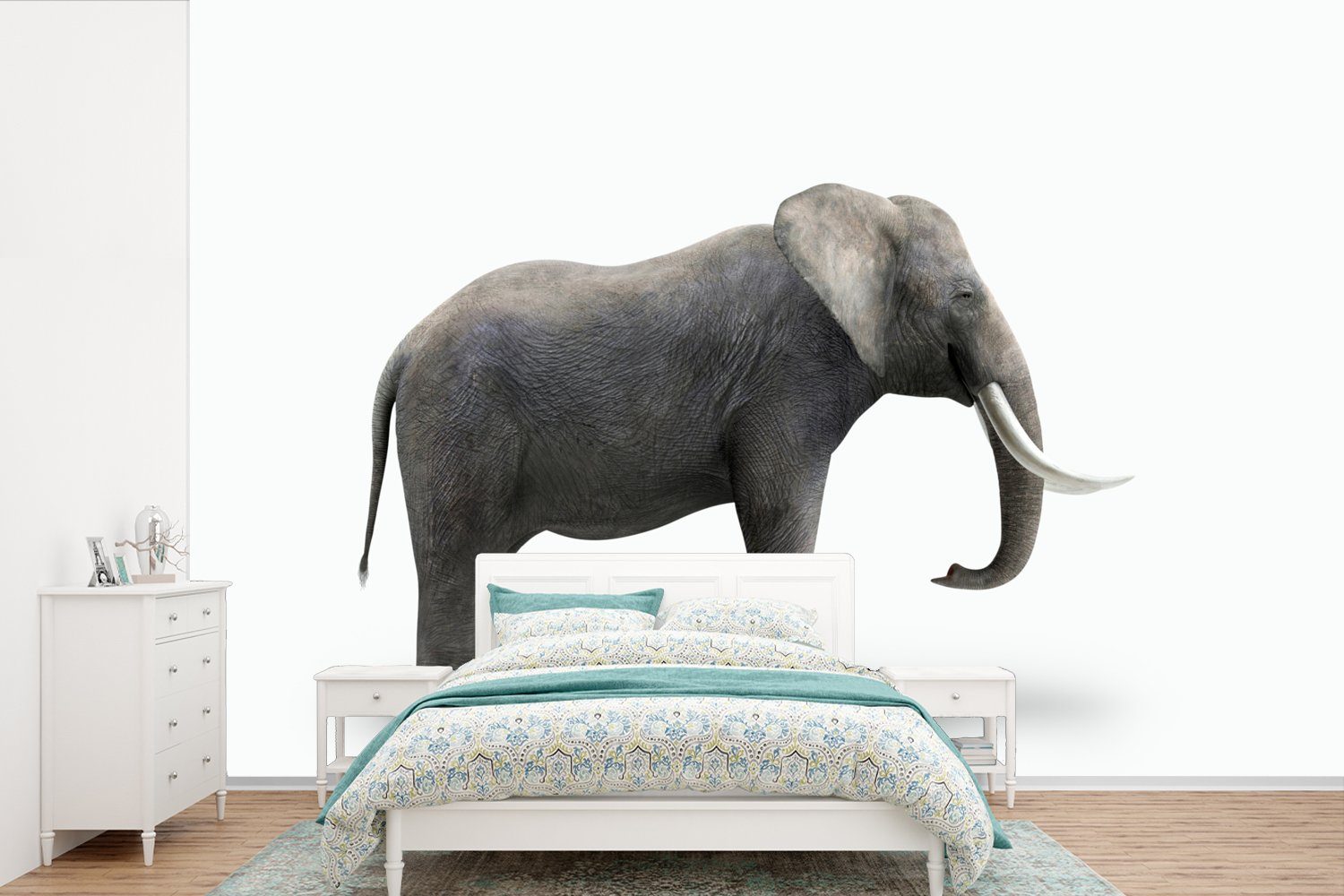 MuchoWow Fototapete Elefant auf weißem Hintergrund, Matt, bedruckt, (6 St), Wallpaper für Wohnzimmer, Schlafzimmer, Kinderzimmer, Vinyl Tapete